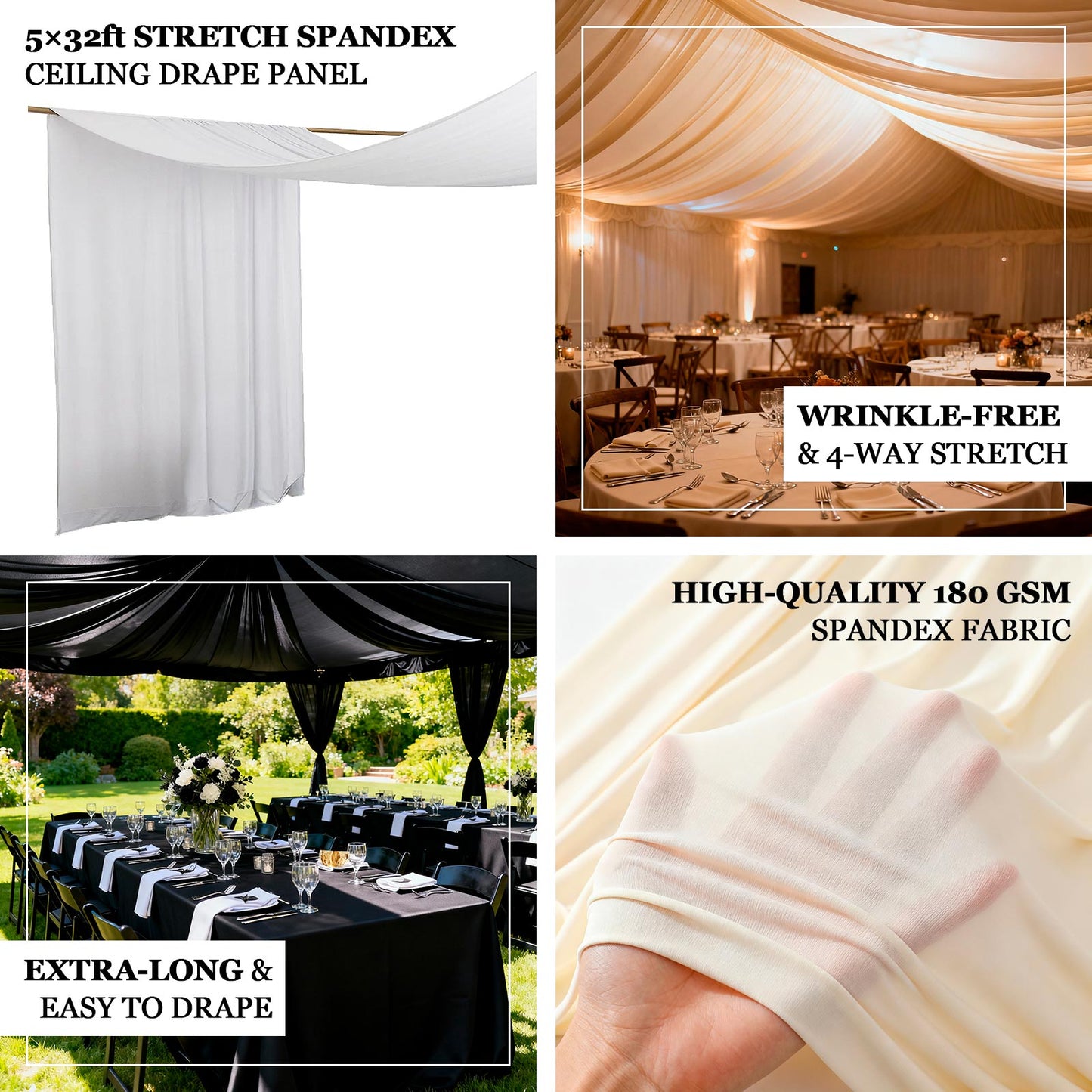 Black Spandex Ceiling Drape Panel, 5ft x 32ft â€” Wrinkle-Free 4-Way Stretch Fabric, Extra-Long Curtain for Event Ceiling or Backdrop DÃ©cor