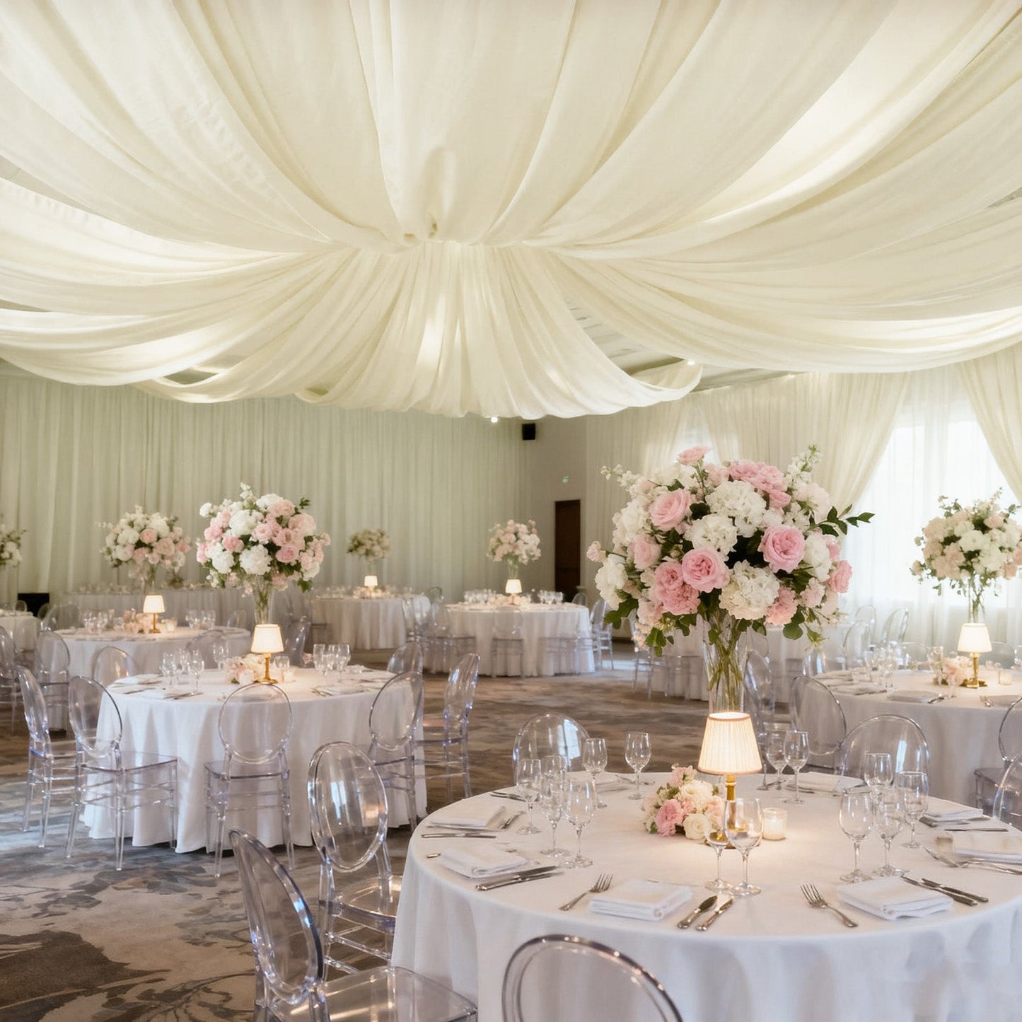 Ivory Spandex Ceiling Drape Panel, 5ft x 32ft â€” Wrinkle-Free 4-Way Stretch Fabric, Extra-Long Curtain for Event Ceiling or Backdrop DÃ©cor