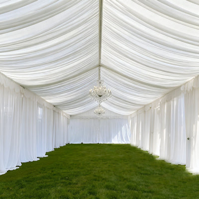 White Stretch Spandex Tent Ceiling Drape â€“ 25ft x 36ft 100GSM Wrinkle-Free Fabric Ceiling Liner with Pole Pockets, Standard