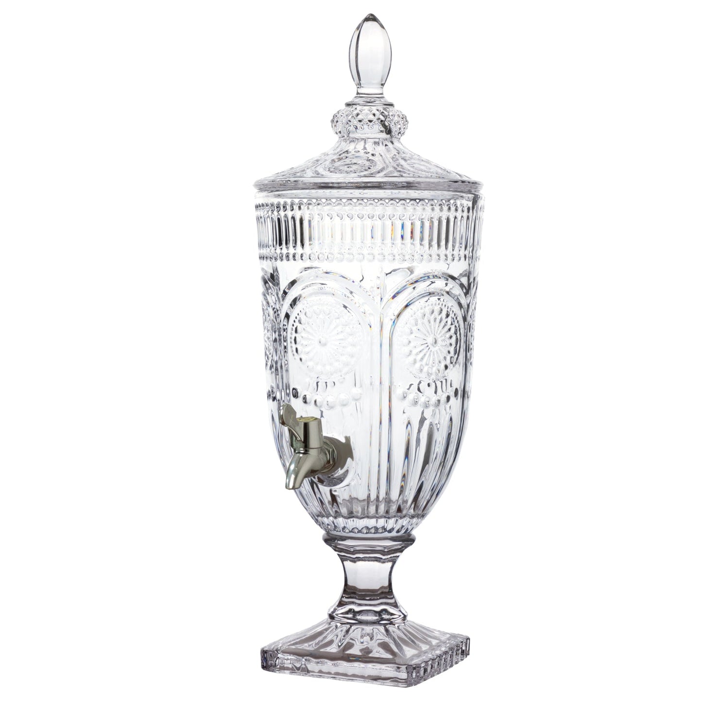 Vintage Cut Crystal Glass Drink Dispenser with Lid & Spigot â€“ Tall Beverage Server, Vertical Panel & Floral Design, 3L