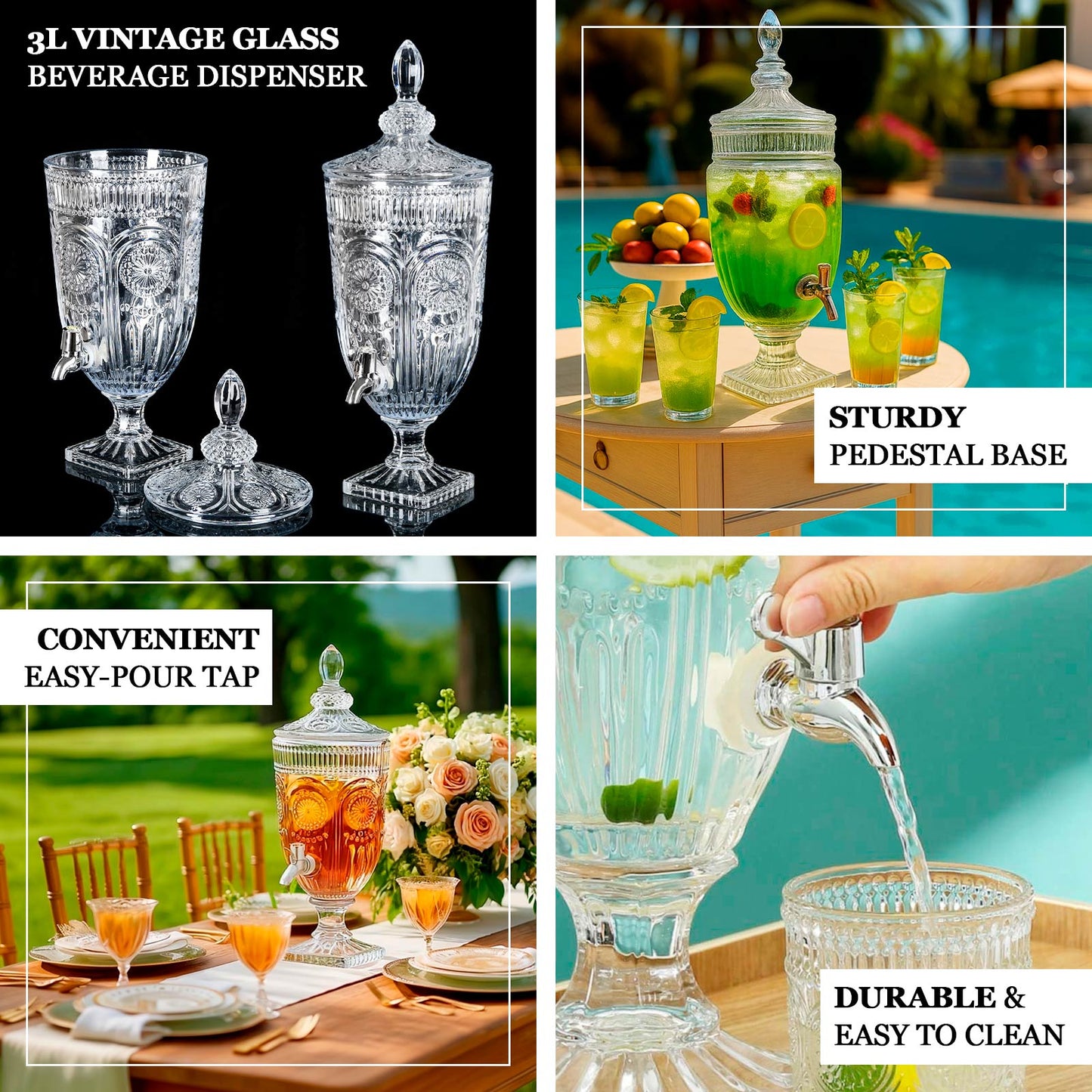 Vintage Cut Crystal Glass Drink Dispenser with Lid & Spigot â€“ Tall Beverage Server, Vertical Panel & Floral Design, 3L