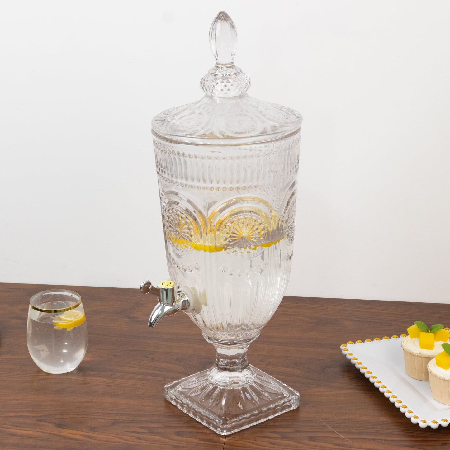 Vintage Cut Crystal Glass Drink Dispenser with Lid & Spigot â€“ Tall Beverage Server, Vertical Panel & Floral Design, 3L