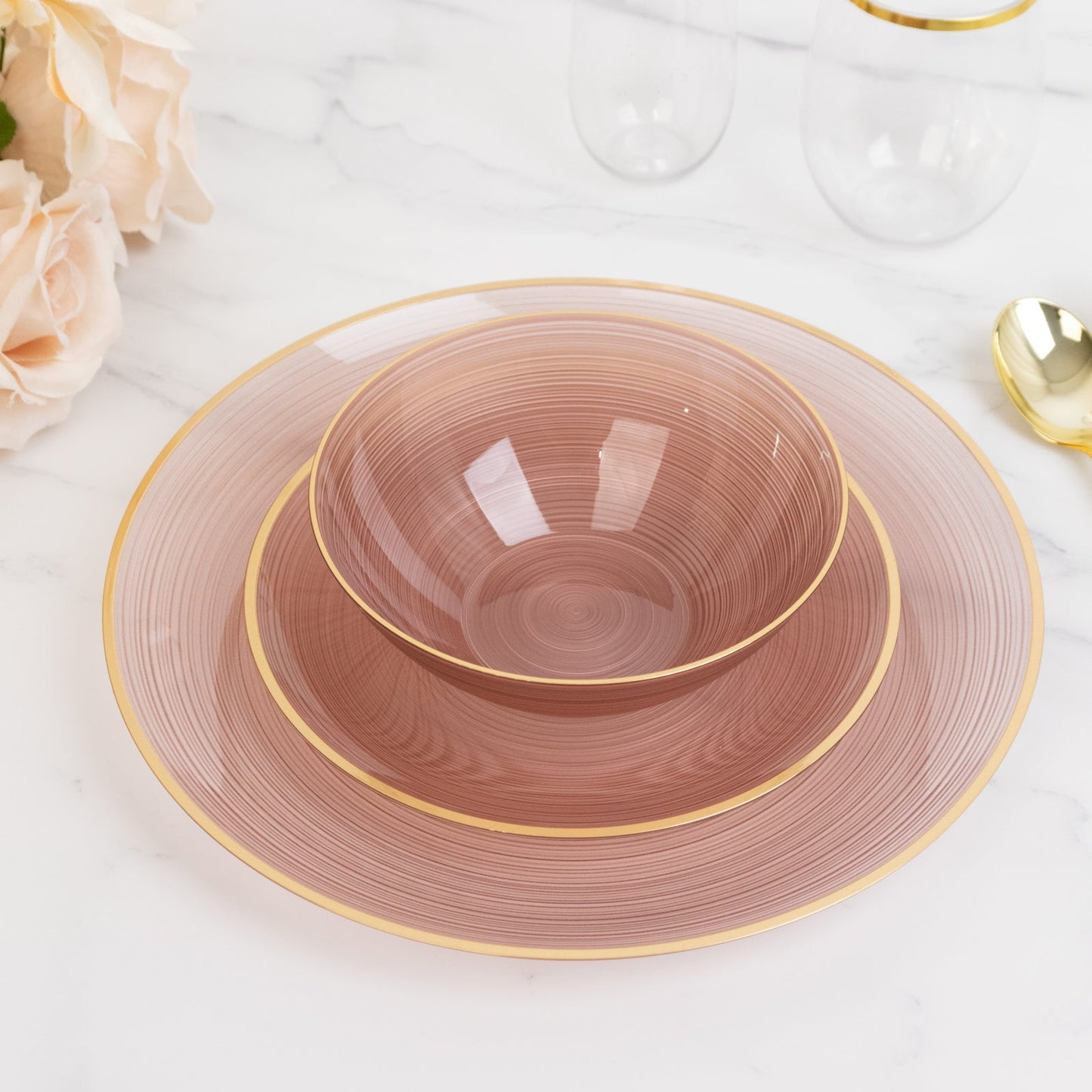 20-Pack 16oz Plastic Bowls â€“ Transparent Dusty Rose with Gold Rim, Elegant Crystal-Like Swirl Disposable Bowls
