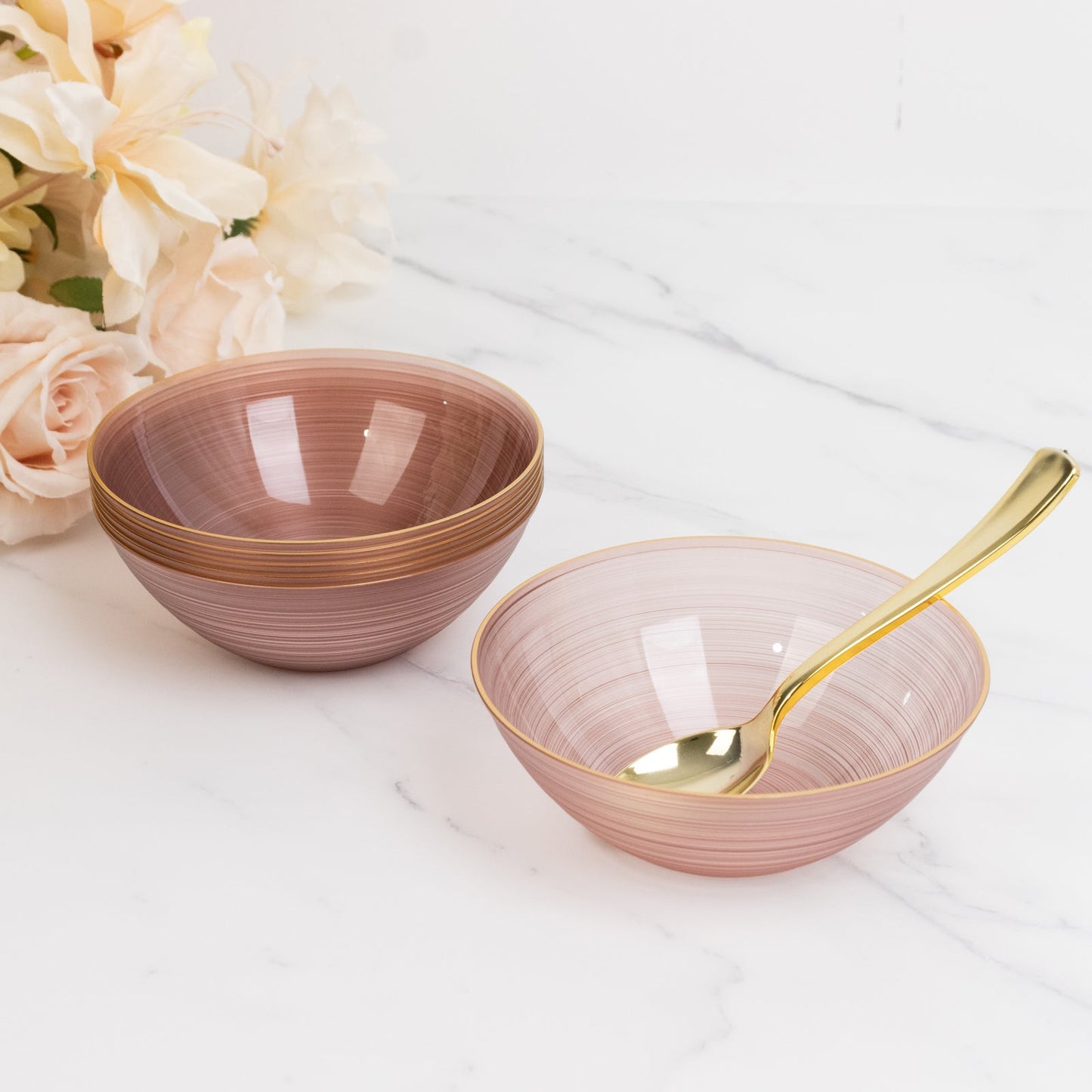 20-Pack 16oz Plastic Bowls â€“ Transparent Dusty Rose with Gold Rim, Elegant Crystal-Like Swirl Disposable Bowls