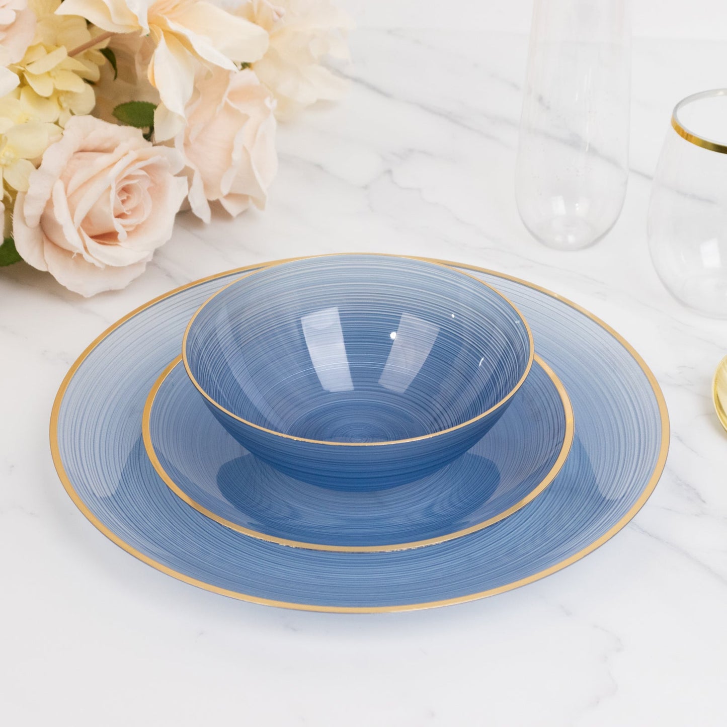 20-Pack 16oz Plastic Bowls â€“ Transparent Dusty Blue with Gold Rim, Elegant Crystal-Like Swirl Disposable Bowls