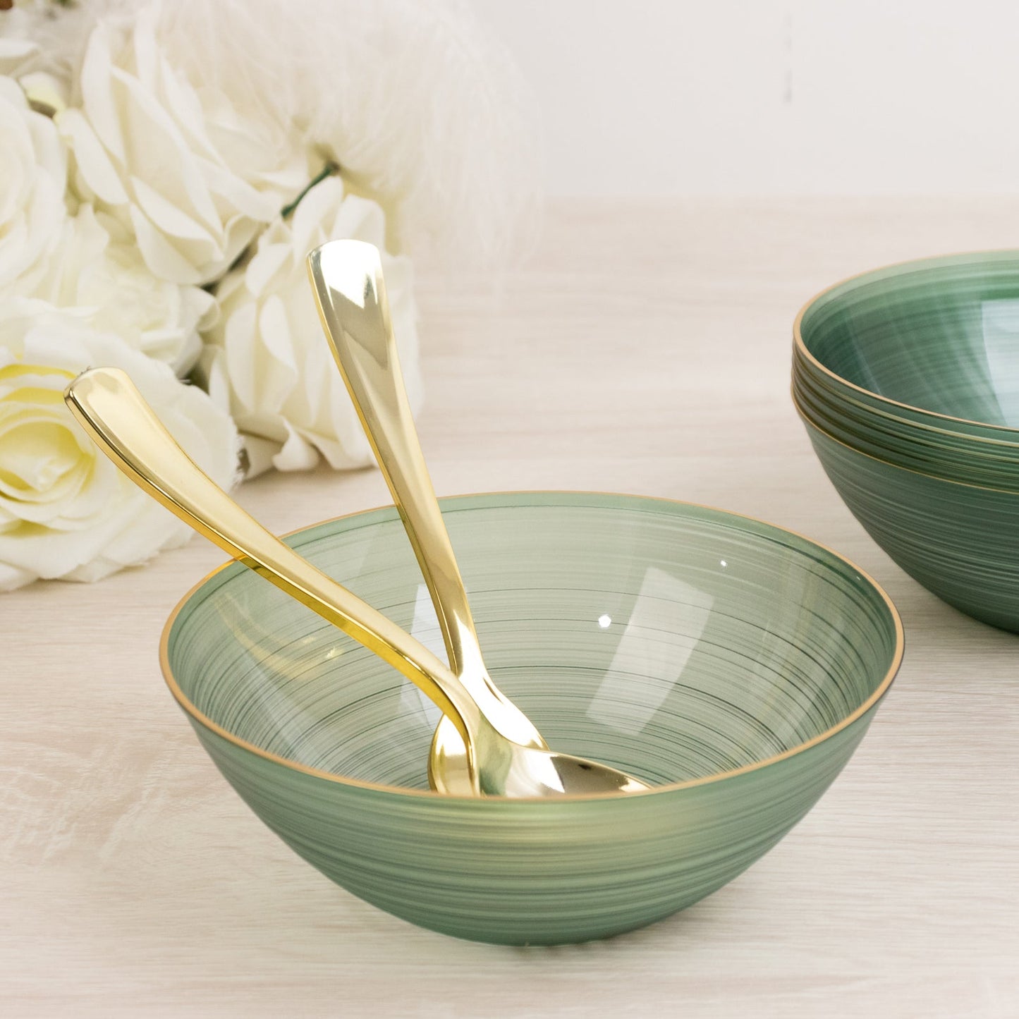 20-Pack 16oz Plastic Bowls â€“ Transparent Dusty Sage Green with Gold Rim, Elegant Crystal-Like Swirl Disposable Bowls