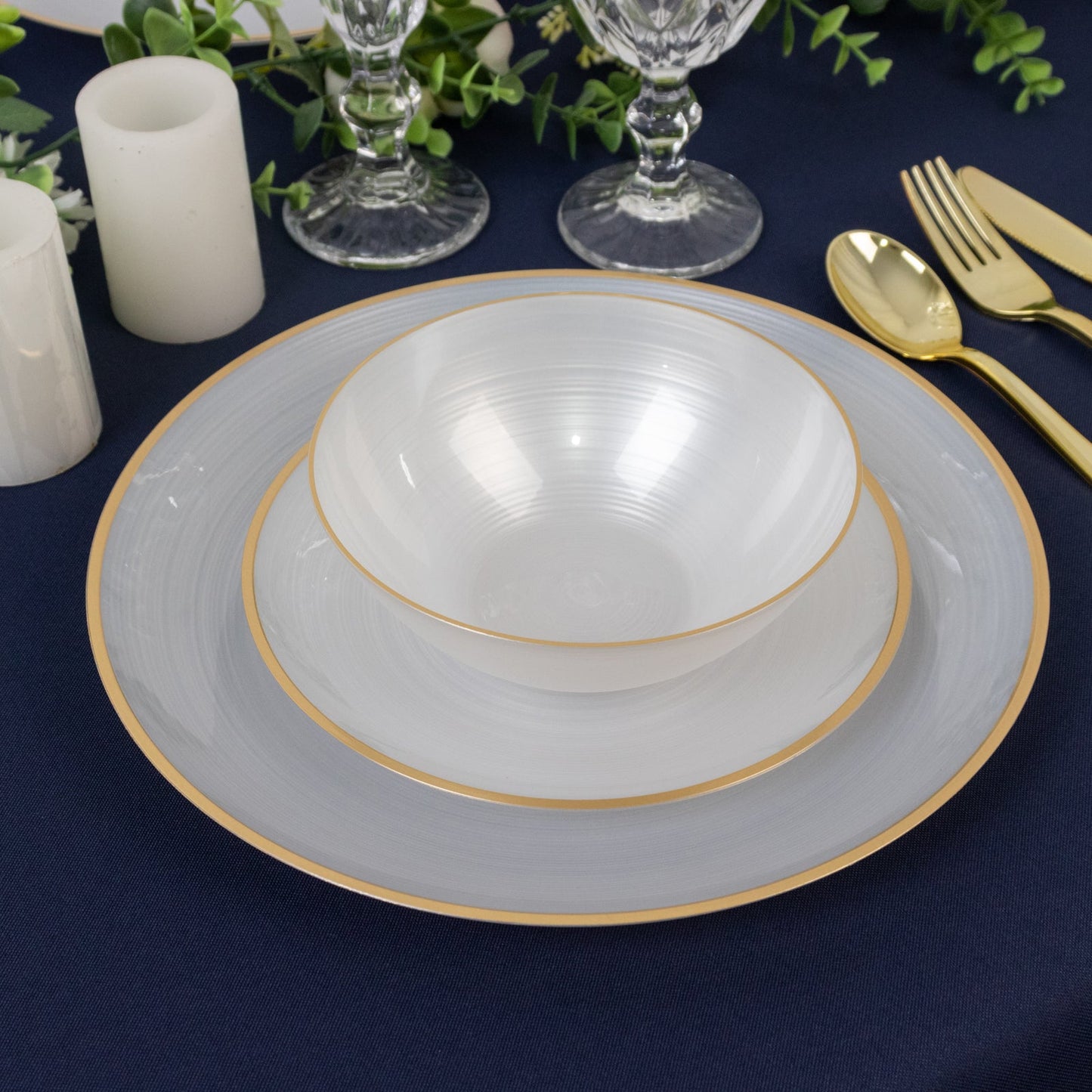 20-Pack 16oz Plastic Bowls â€“ Transparent Pearl White with Gold Rim, Elegant Crystal-Like Swirl Disposable Bowls