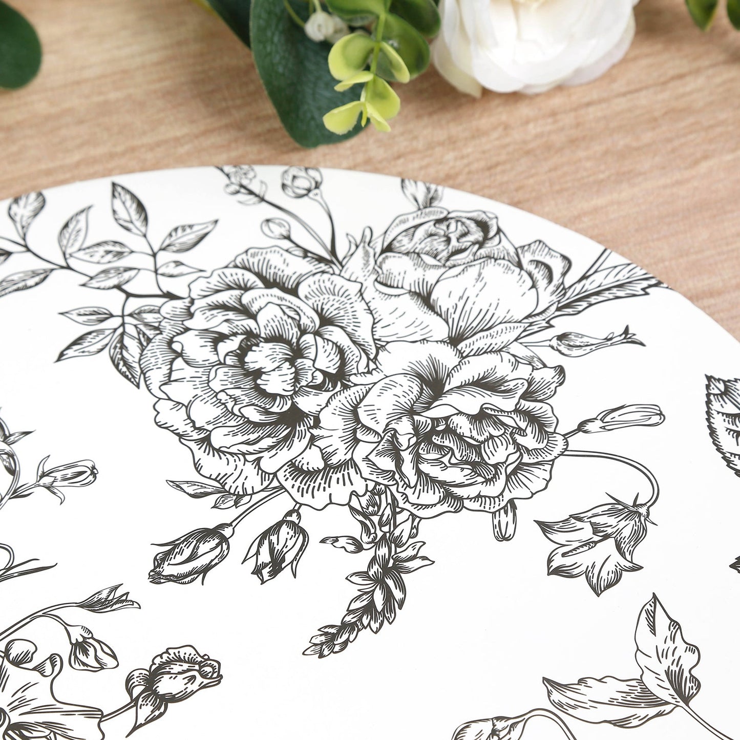 10-Pack Disposable Table Placemats in French Toile Print 13" in Matte White/Black - Chic Floral Cardboard Placemats for Stylish Table Setting