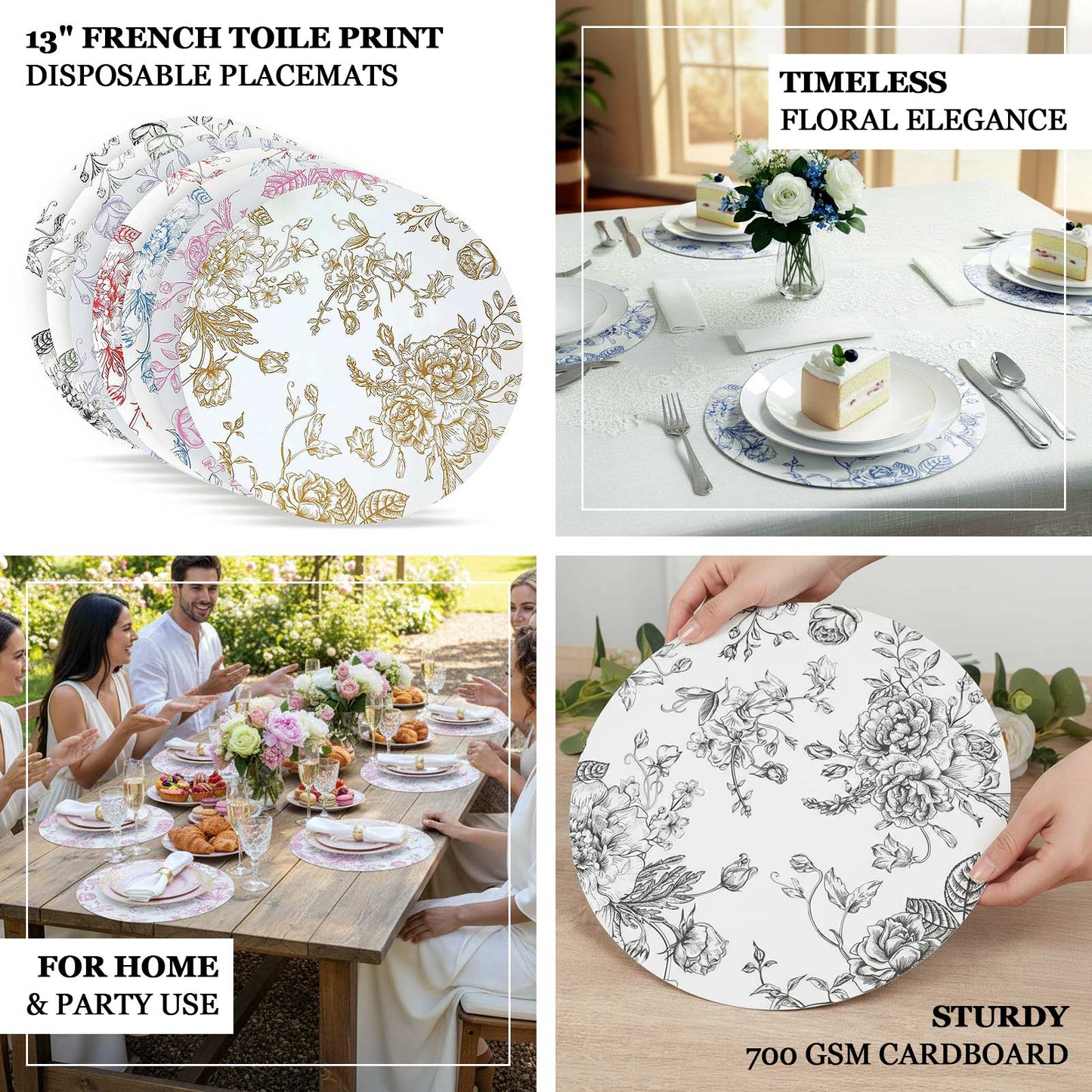 10-Pack Disposable Table Placemats in French Toile Print 13" in Matte White/Blue - Chic Floral Cardboard Placemats for Stylish Table Setting