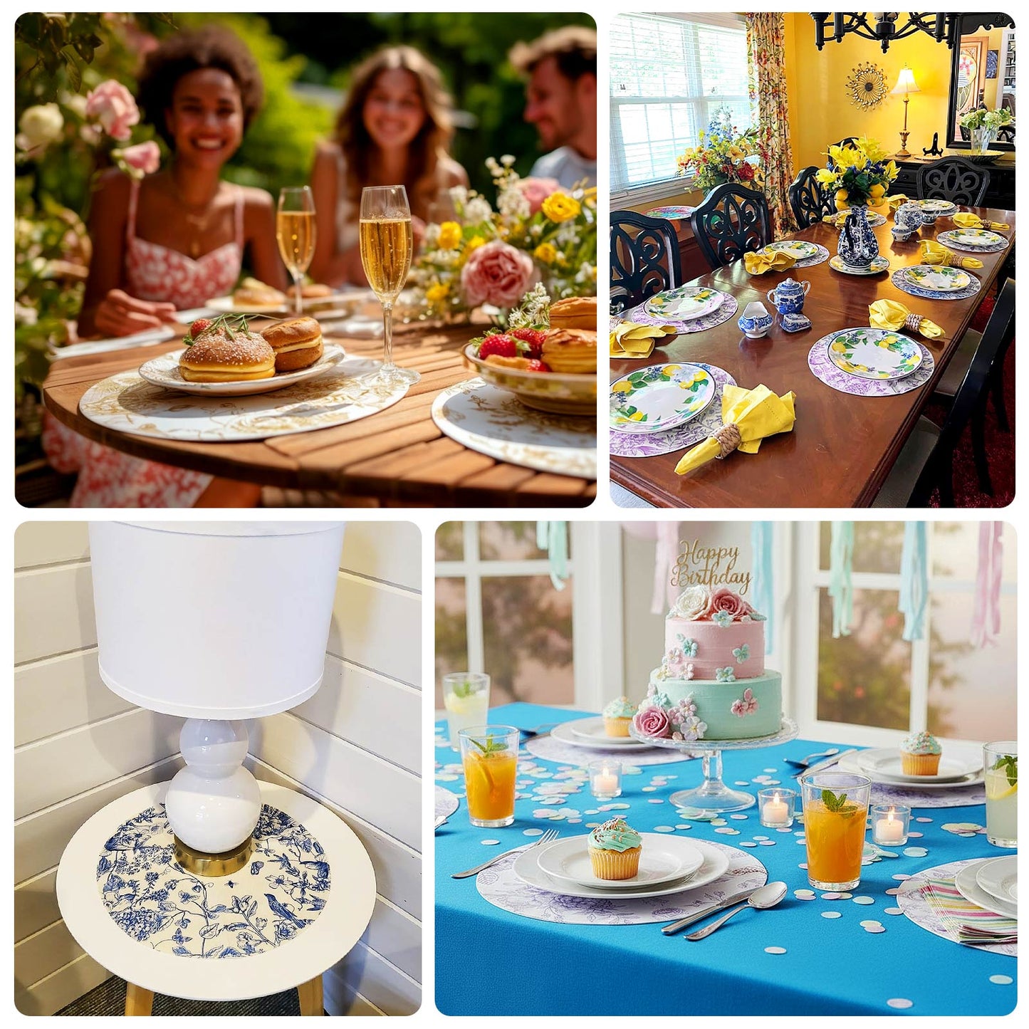 6-Pack Disposable Table Placemats in French Toile Print 13" in White/Gold - Chic Floral Cardboard Placemats for Stylish Table Setting