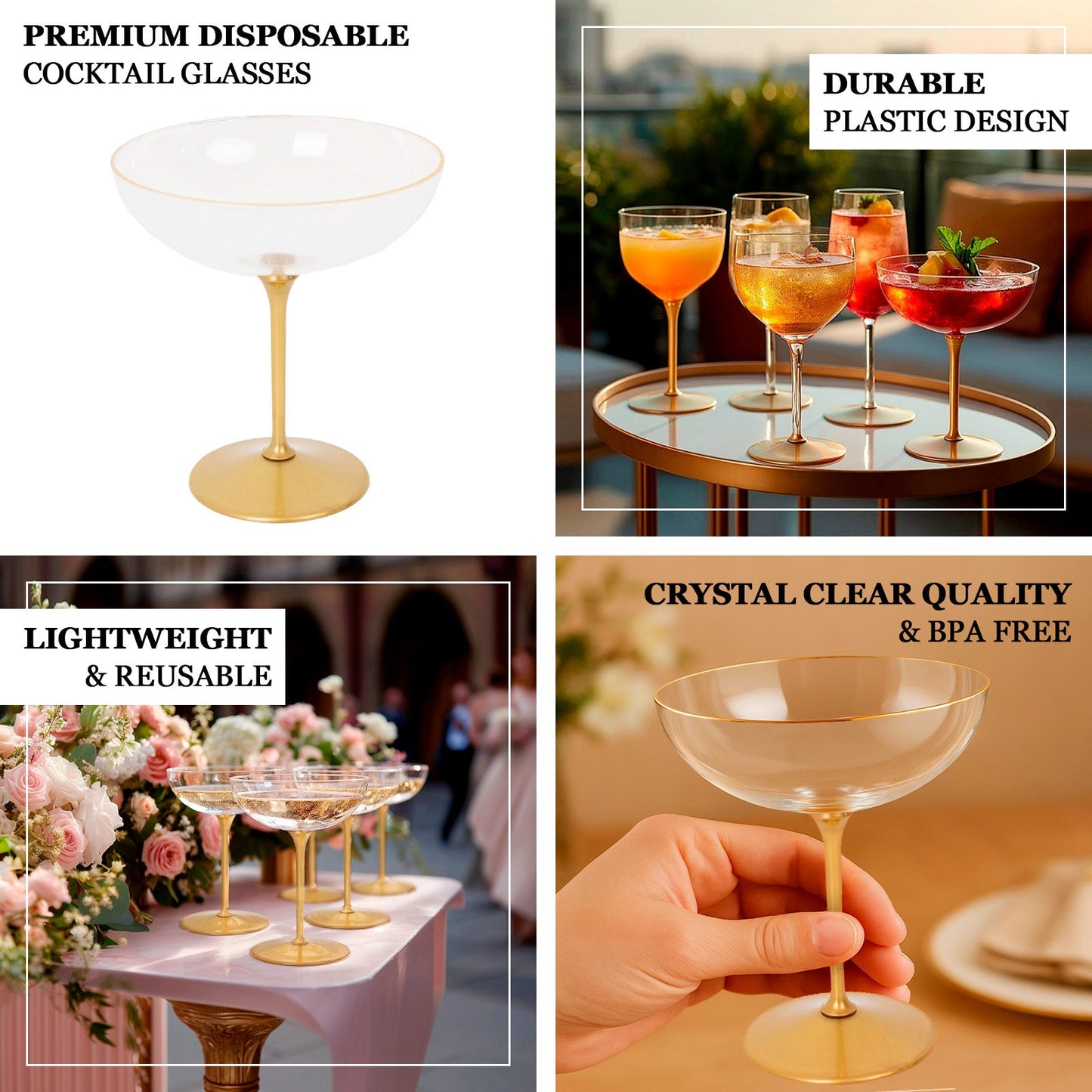 24-Pack Plastic Cocktail Glasses â€“ 9oz Clear Premium Disposable Coupe Champagne Cups with Gold Detachable Stem & Base â€“ Party & Event Drinkware