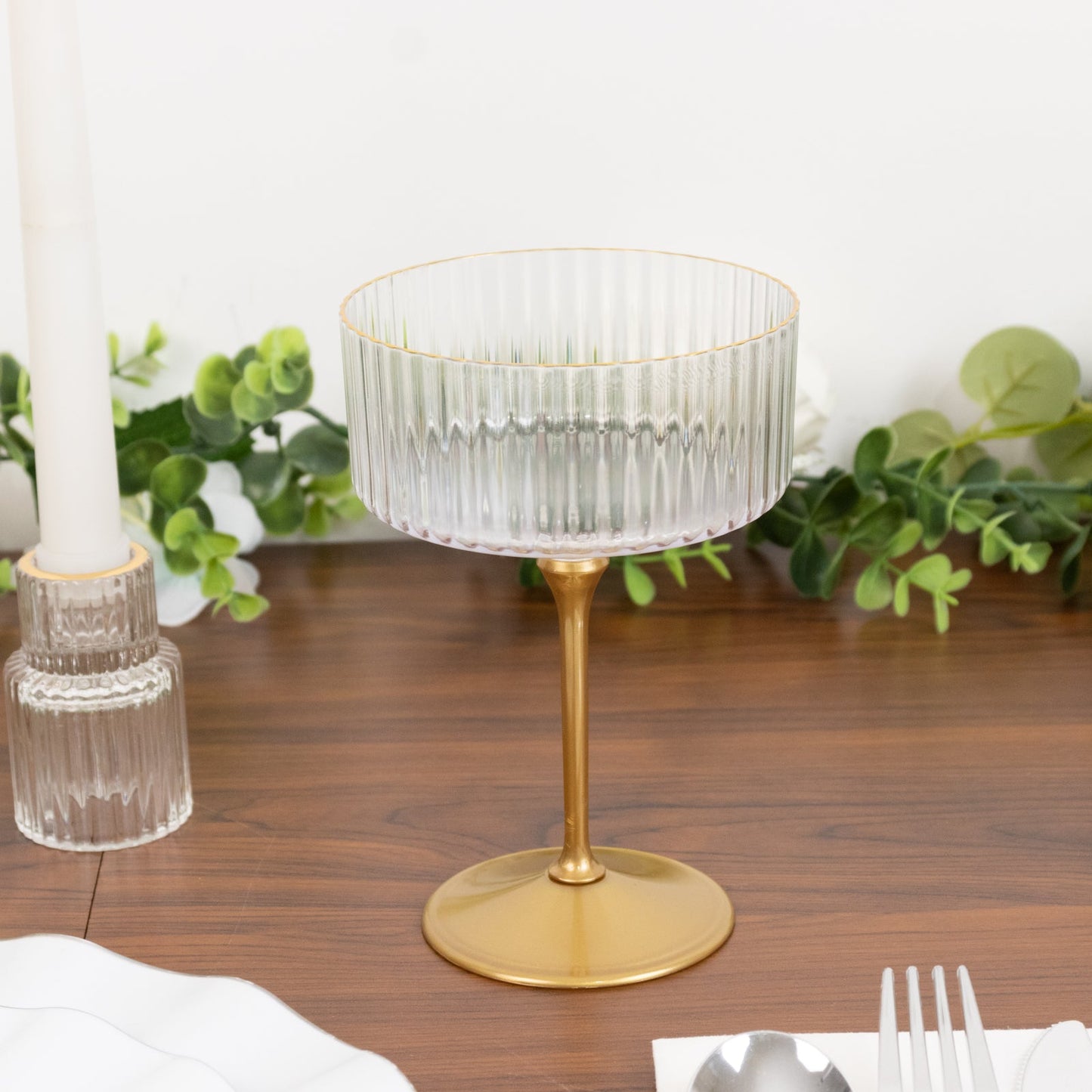 24-Pack Plastic Cocktail Glasses â€“ 10oz Clear Ribbed Premium Disposable Coupe Champagne Cups with Gold Detachable Stem & Base â€“ Party & Event Drinkware