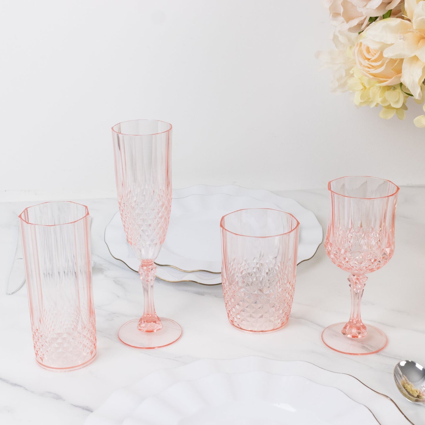 6-Pack Plastic Wedding Toast Flutes Transparent Blush Crystal Cut Style - Reusable Champagne Glasses 8oz