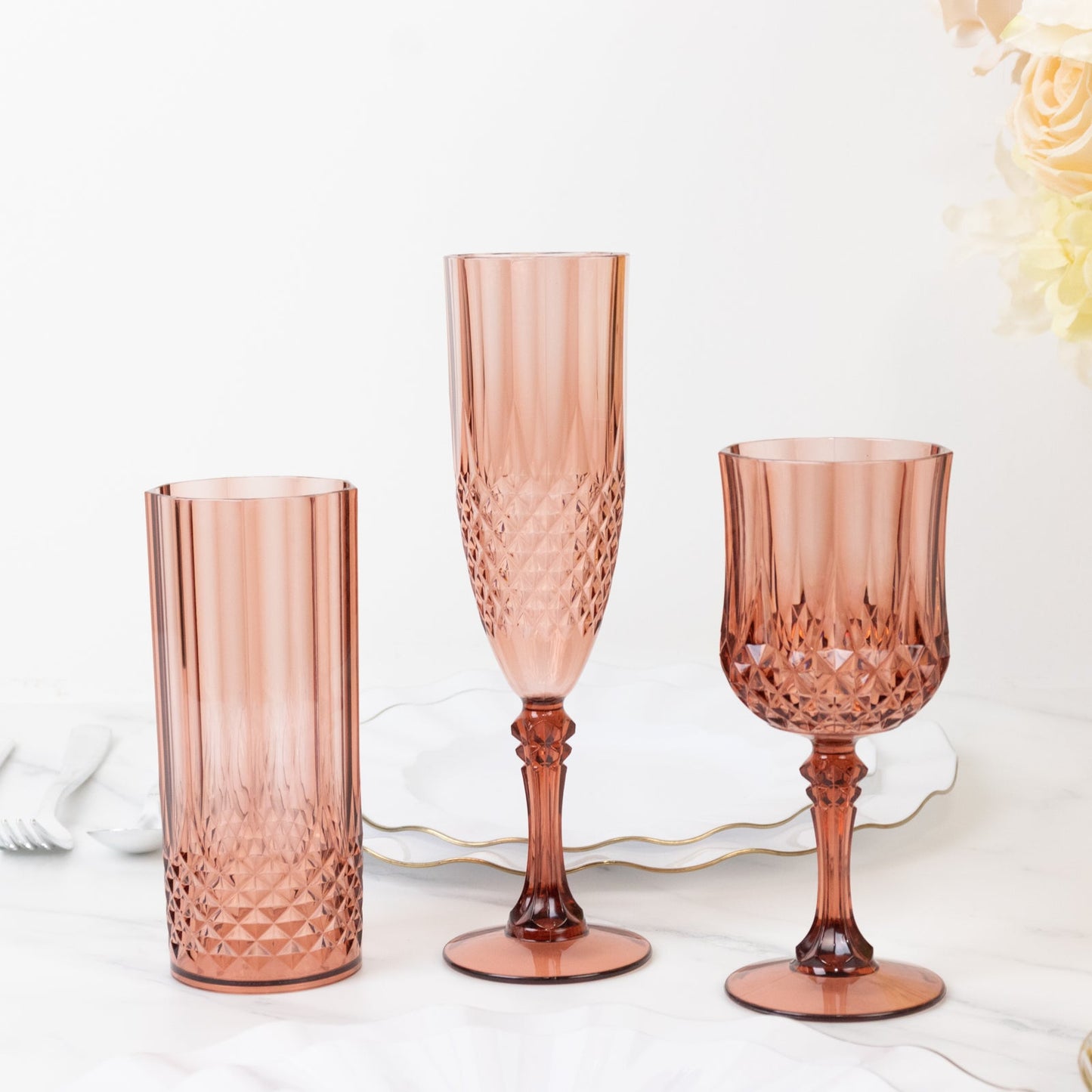 6-Pack Plastic Wedding Toast Flutes Dusty Rose Transparent Crystal Cut Style - Reusable Champagne Glasses 8oz