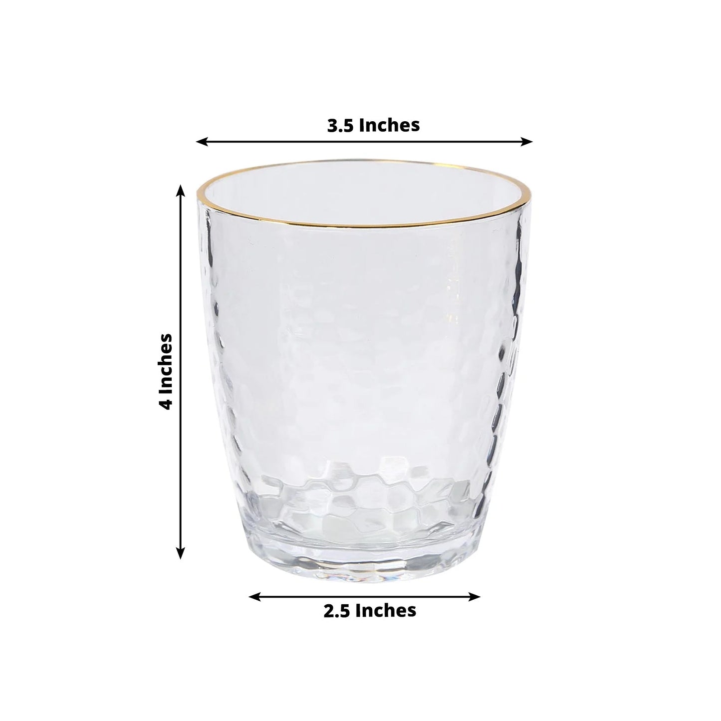 12-Pack Plastic Tumblers Reusable Hammered Cups 14oz â€“ Clear with Gold Rim â€“ Shatterproof Cocktail Drinkware