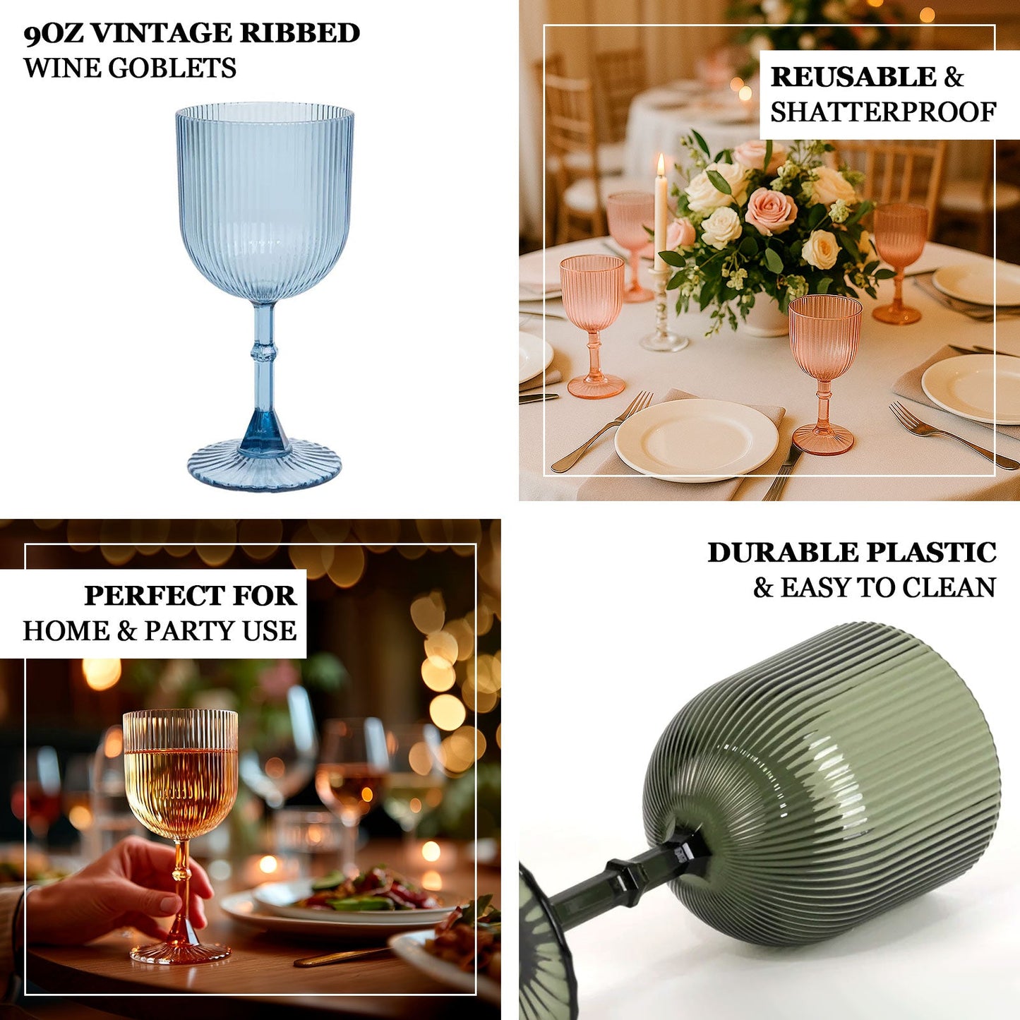 12-Pack Plastic Goblets Hunter Emerald Green Vintage Ribbed Pattern - Reusable Shatterproof Glassware 9oz