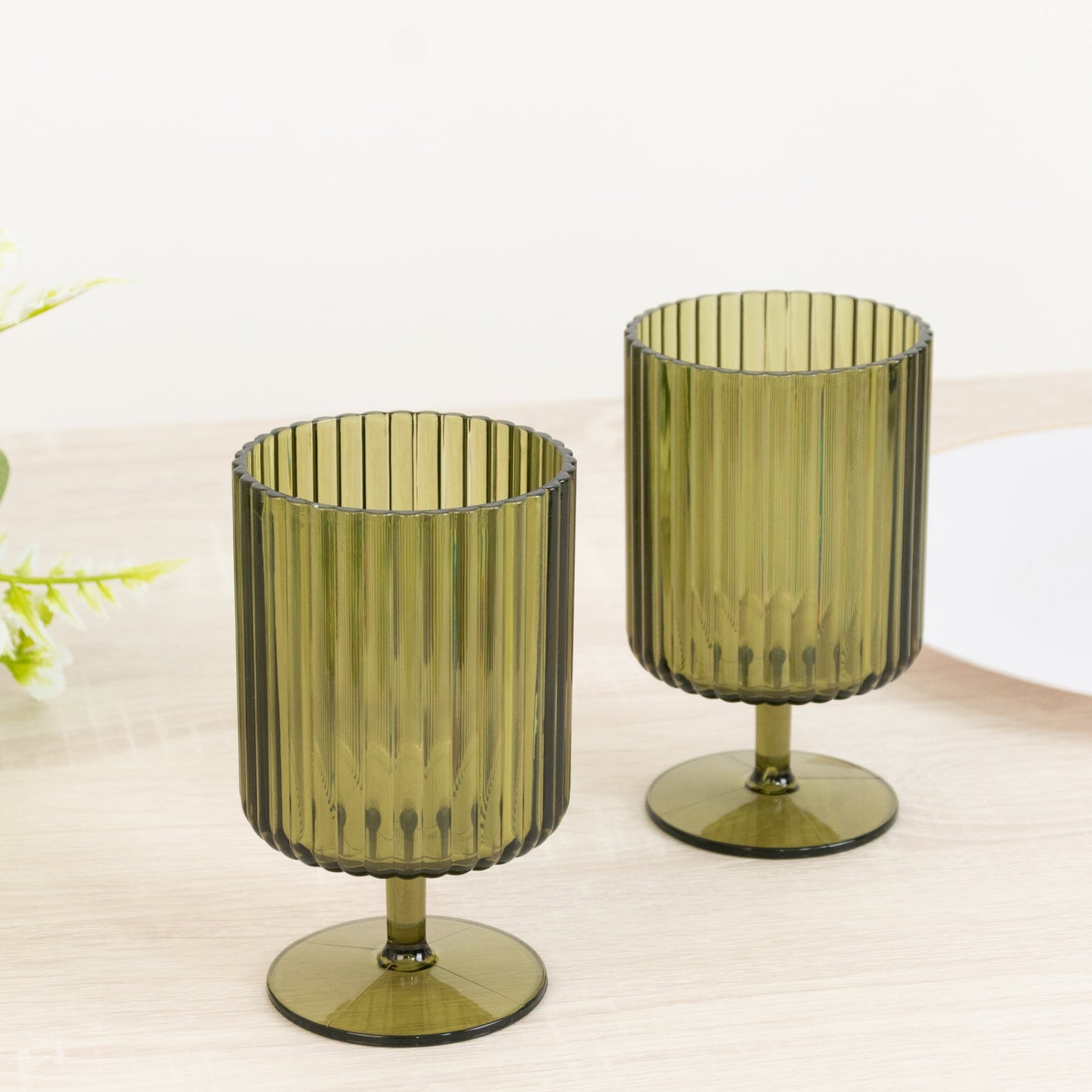 12-Pack Plastic Goblets Dusty Sage Green Vintage Ribbed Pattern Short Stem - Reusable Wine Glasses 12oz