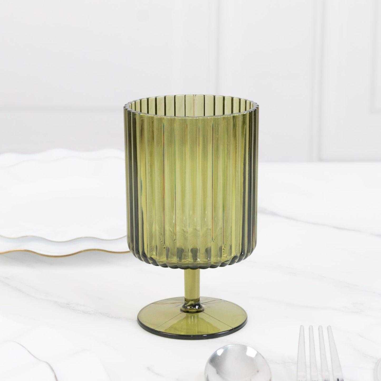 12-Pack Plastic Goblets Dusty Sage Green Vintage Ribbed Pattern Short Stem - Reusable Wine Glasses 12oz