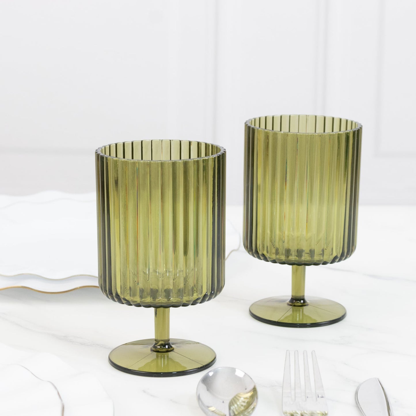 12-Pack Plastic Goblets Dusty Sage Green Vintage Ribbed Pattern Short Stem - Reusable Wine Glasses 12oz