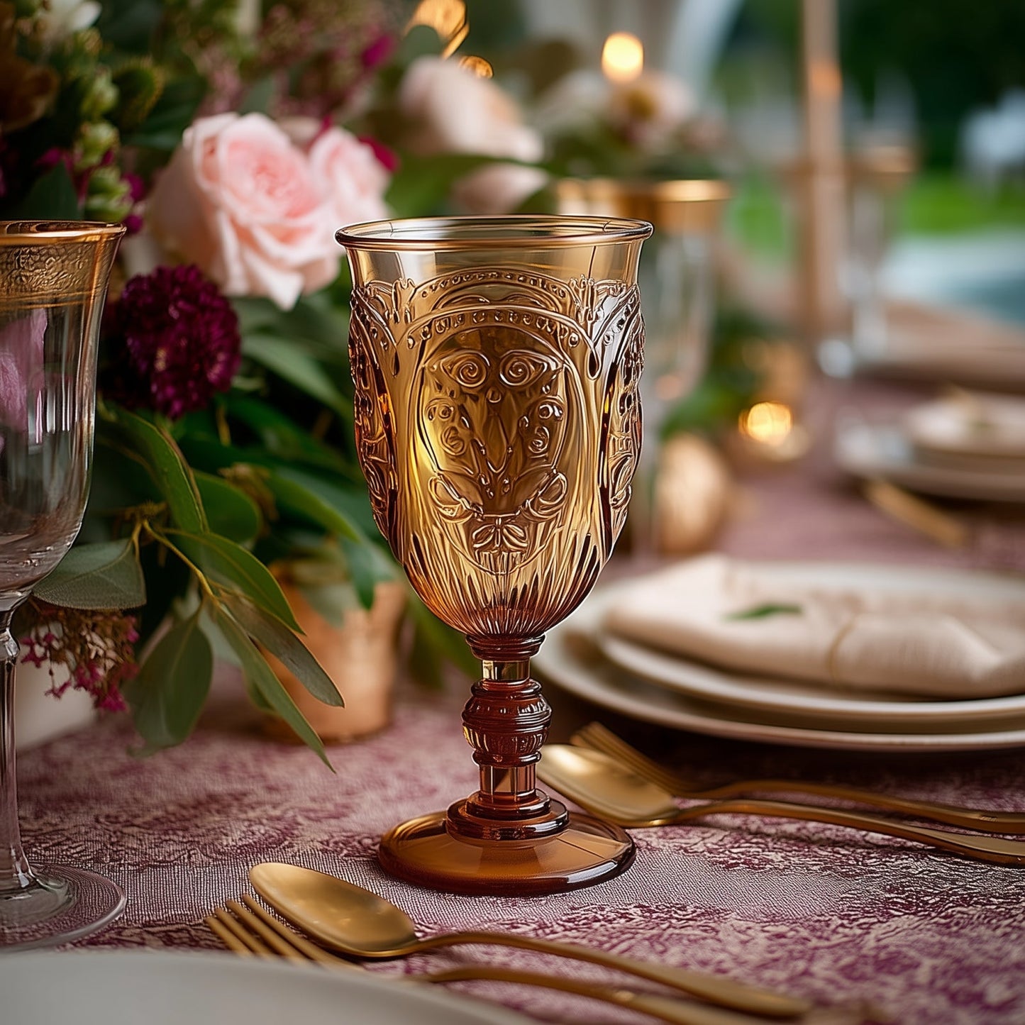 24-Pack Plastic Wine Glasses 10oz â€“ Amber Gold Vintage Goblets with Retro Embossed Design, Elegant Drinkware - 7" Tall