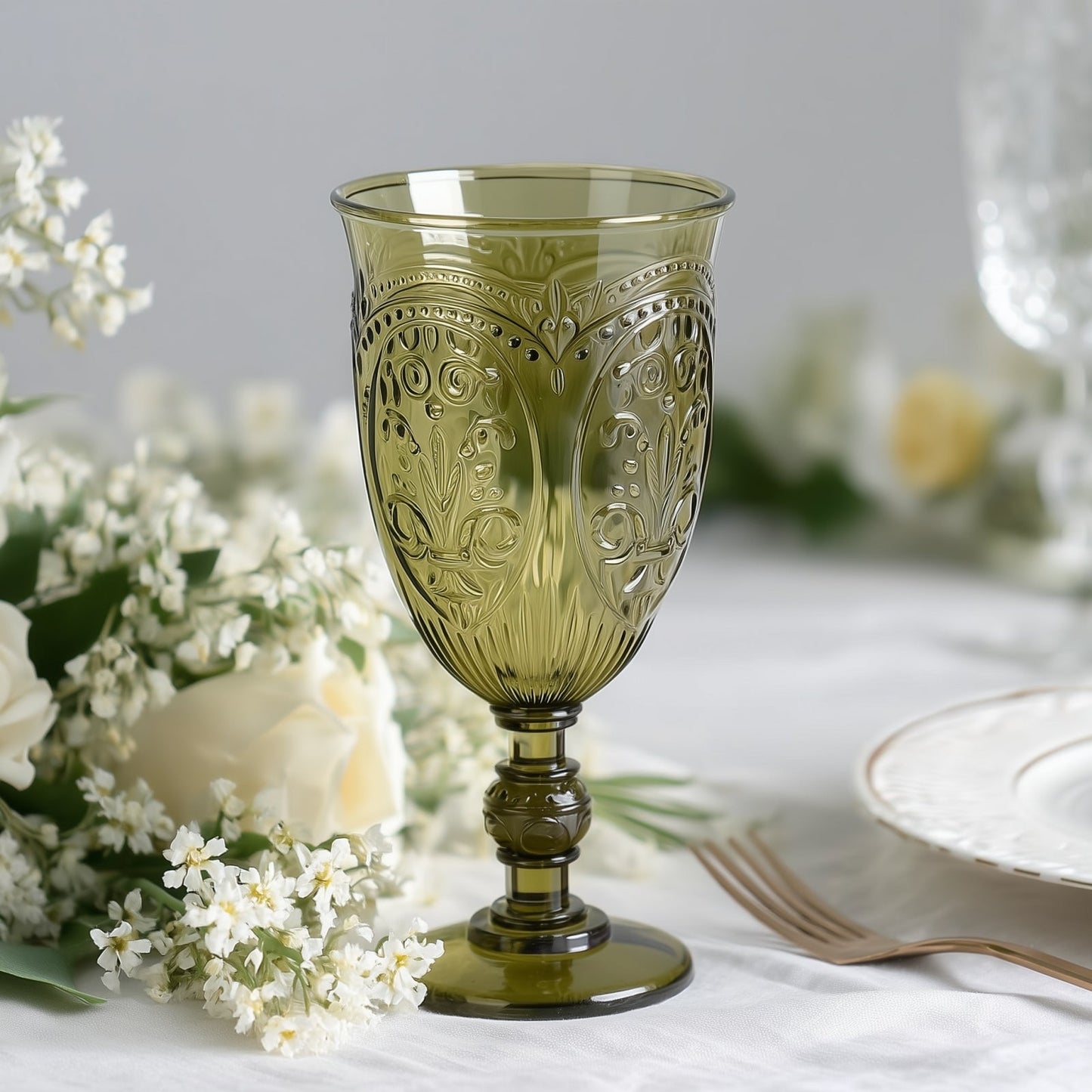 24-Pack Plastic Wine Glasses 10oz â€“ Transparent Dusty Sage Green Vintage Goblets with Retro Embossed Design, Elegant Drinkware - 7" Tall