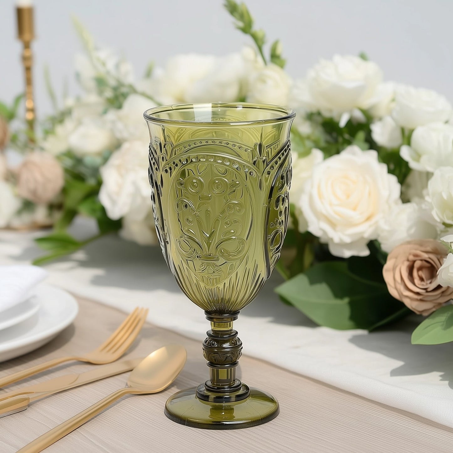 24-Pack Plastic Wine Glasses 10oz â€“ Transparent Dusty Sage Green Vintage Goblets with Retro Embossed Design, Elegant Drinkware - 7" Tall