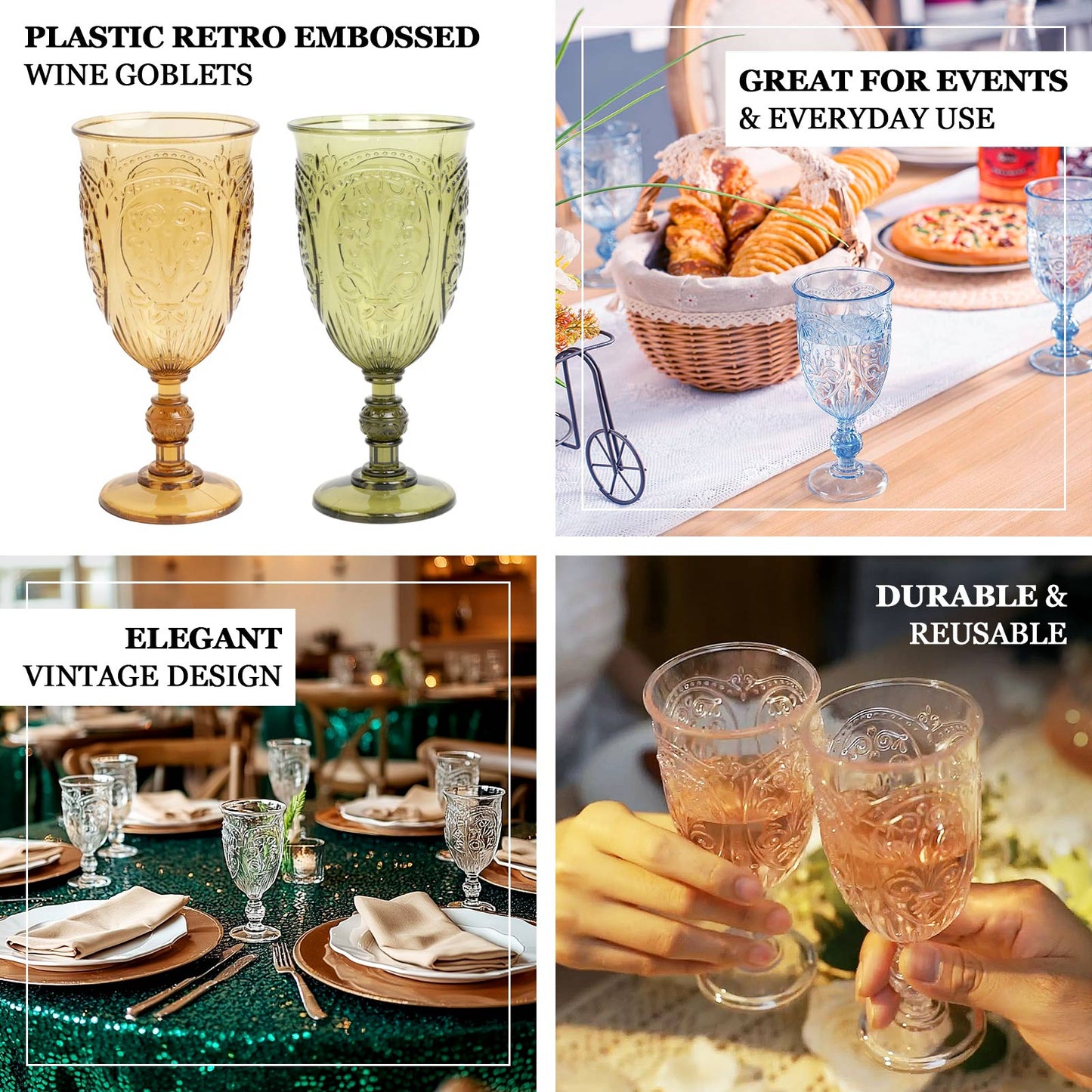 24-Pack Clear Plastic Wine Glasses 10oz â€“ Vintage Goblets with Retro Embossed Design, Elegant Drinkware - 7" Tall