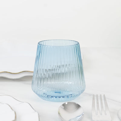 12-Pack Transparent Dusty Blue Plastic Stemless Wine Glasses â€“ 12oz Ribbed Design, Reusable Shatterproof Cocktail Tumblers