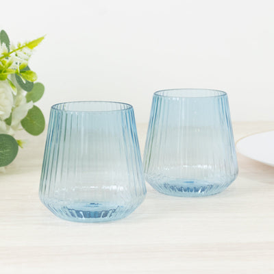 12-Pack Transparent Dusty Blue Plastic Stemless Wine Glasses â€“ 12oz Ribbed Design, Reusable Shatterproof Cocktail Tumblers