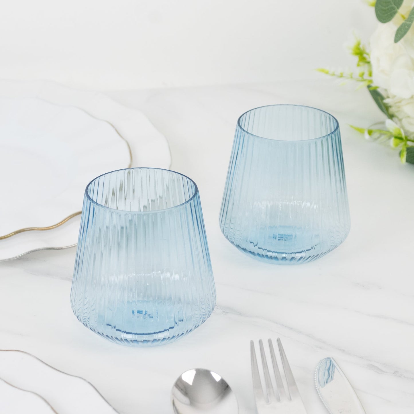 12-Pack Transparent Dusty Blue Plastic Stemless Wine Glasses â€“ 12oz Ribbed Design, Reusable Shatterproof Cocktail Tumblers