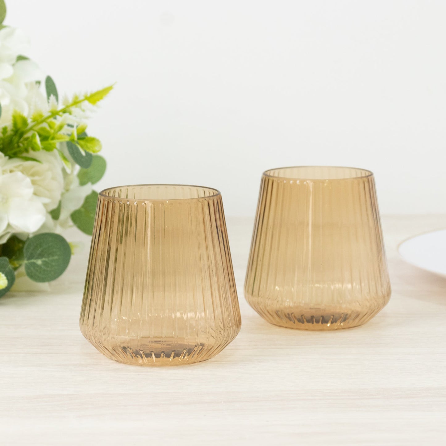 12-Pack Amber Gold Plastic Stemless Wine Glasses â€“ 12oz Ribbed Design, Reusable Shatterproof Cocktail Tumblers