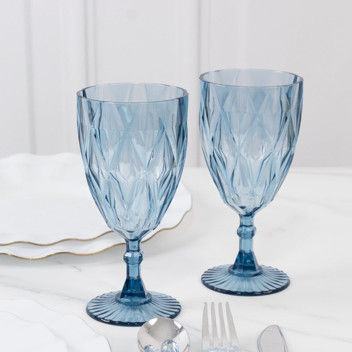 12 Pack Vintage Diamond Cut Plastic Goblets â€“ Dusty Blue 11oz Reusable Wine & Beverage Glasses