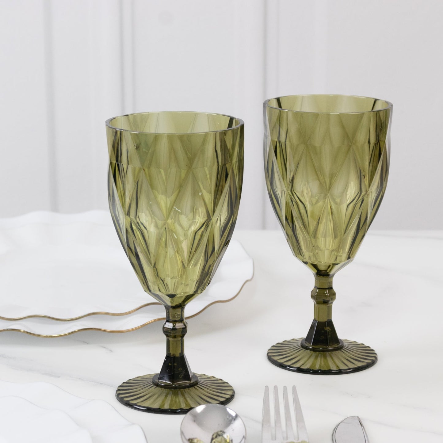 12 Pack Vintage Diamond Cut Plastic Goblets â€“ Dusty Sage Green 11oz Reusable Wine & Beverage Glasses