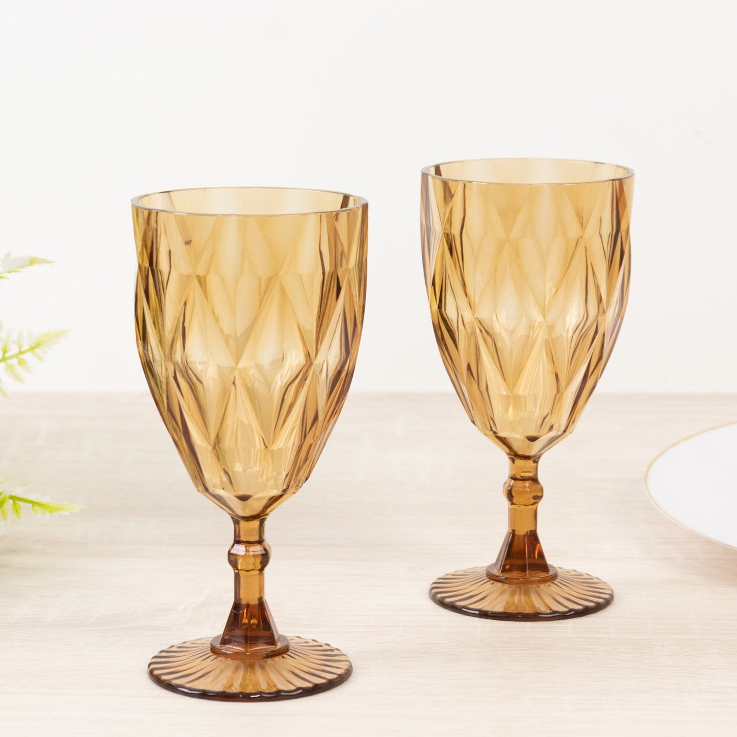 12 Pack Vintage Diamond Cut Plastic Goblets â€“ Amber Gold 11oz Reusable Wine & Beverage Glasses