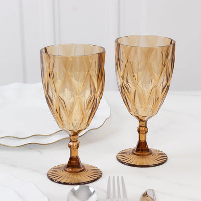 12 Pack Vintage Diamond Cut Plastic Goblets â€“ Amber Gold 11oz Reusable Wine & Beverage Glasses