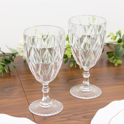 12 Pack Vintage Diamond Cut Plastic Goblets â€“ Clear 11oz Reusable Wine & Beverage Glasses