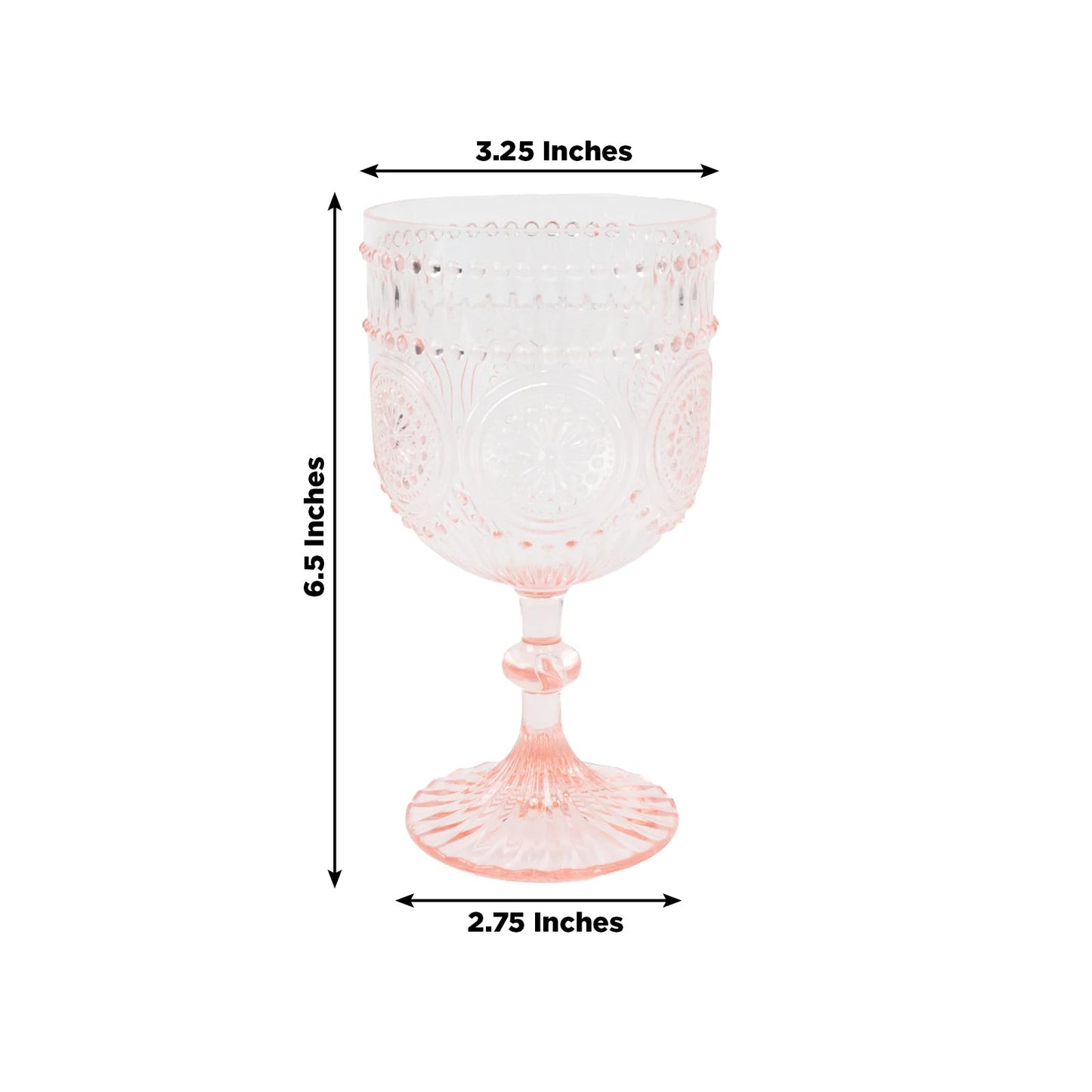 12 Pack Vintage Plastic Wine Goblets â€“ 15oz Reusable Shatterproof Blush Embossed Floral Pattern Drinkware, Decorative Cups