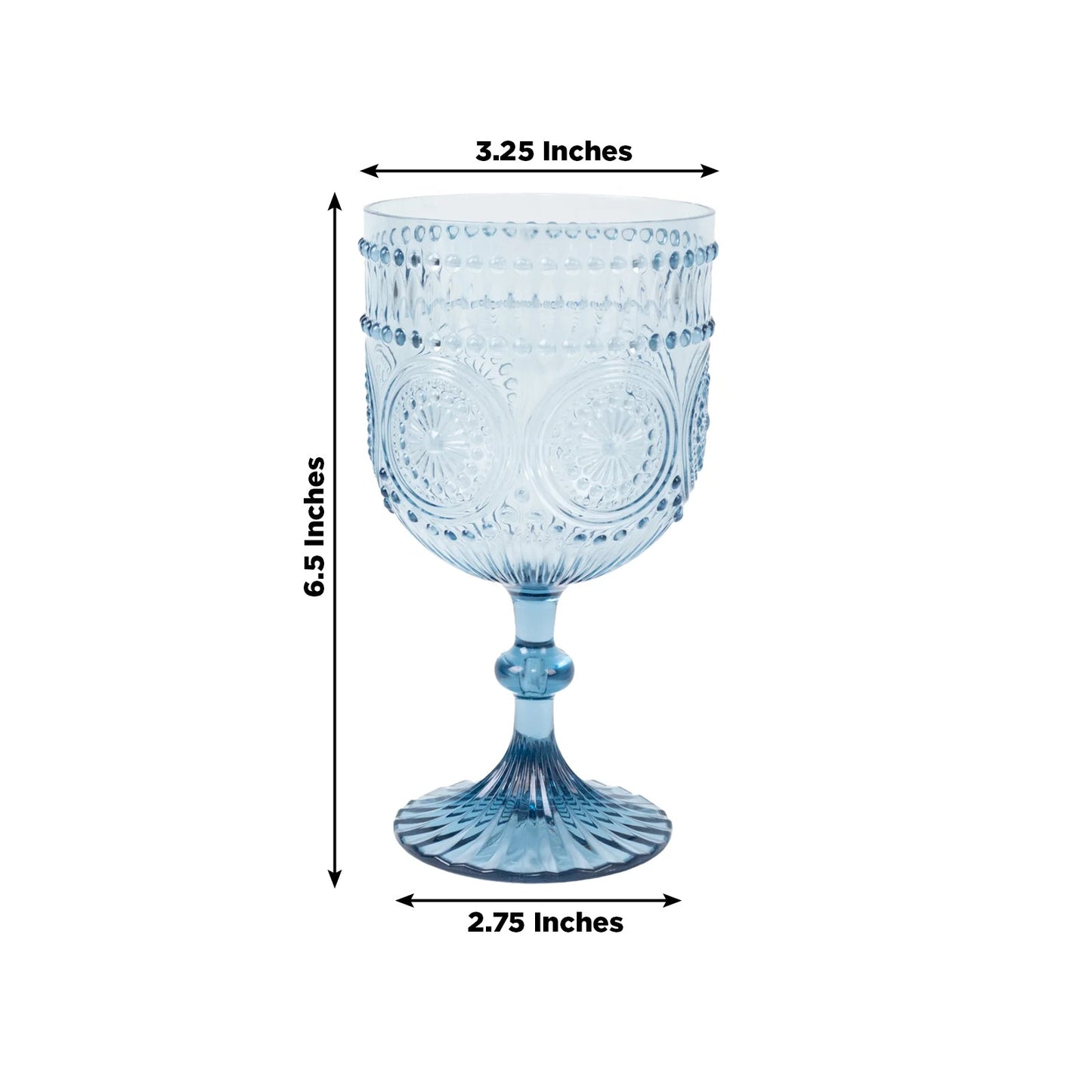 12 Pack Vintage Plastic Wine Goblets â€“ 15oz Reusable Shatterproof Dusty Blue Embossed Floral Pattern Drinkware, Decorative Cups