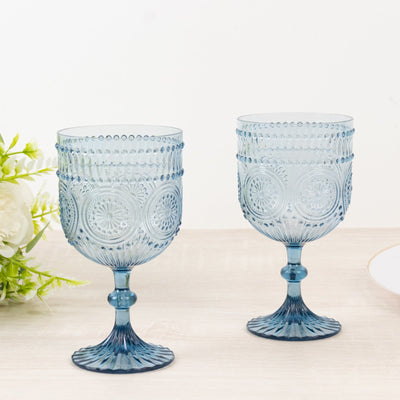 12 Pack Vintage Plastic Wine Goblets â€“ 15oz Reusable Shatterproof Dusty Blue Embossed Floral Pattern Drinkware, Decorative Cups