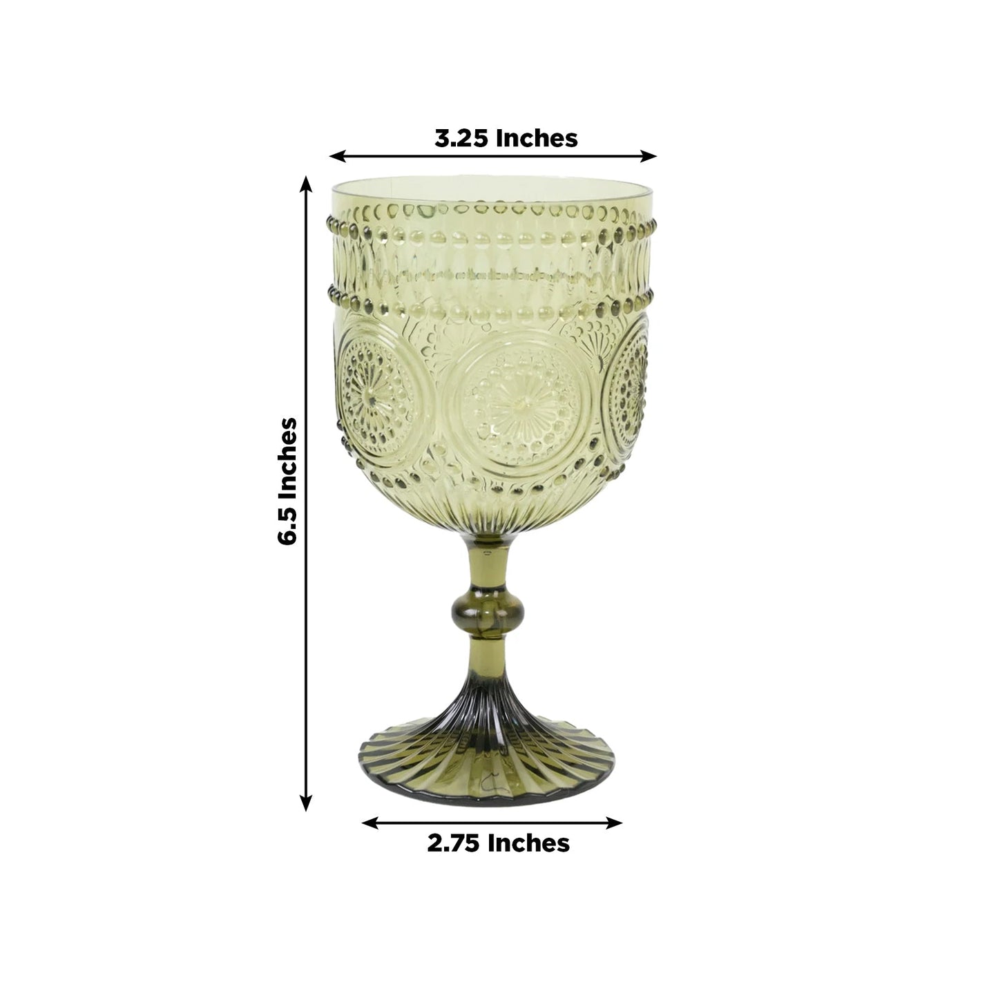 12 Pack Vintage Plastic Wine Goblets â€“ 15oz Reusable Shatterproof Dusty Sage Green Embossed Floral Pattern Drinkware, Decorative Cups
