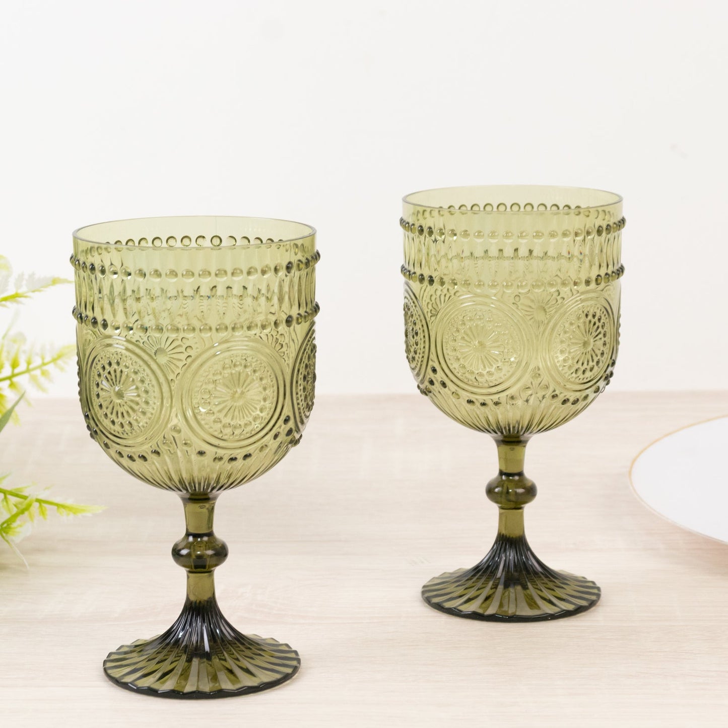 12 Pack Vintage Plastic Wine Goblets â€“ 15oz Reusable Shatterproof Dusty Sage Green Embossed Floral Pattern Drinkware, Decorative Cups