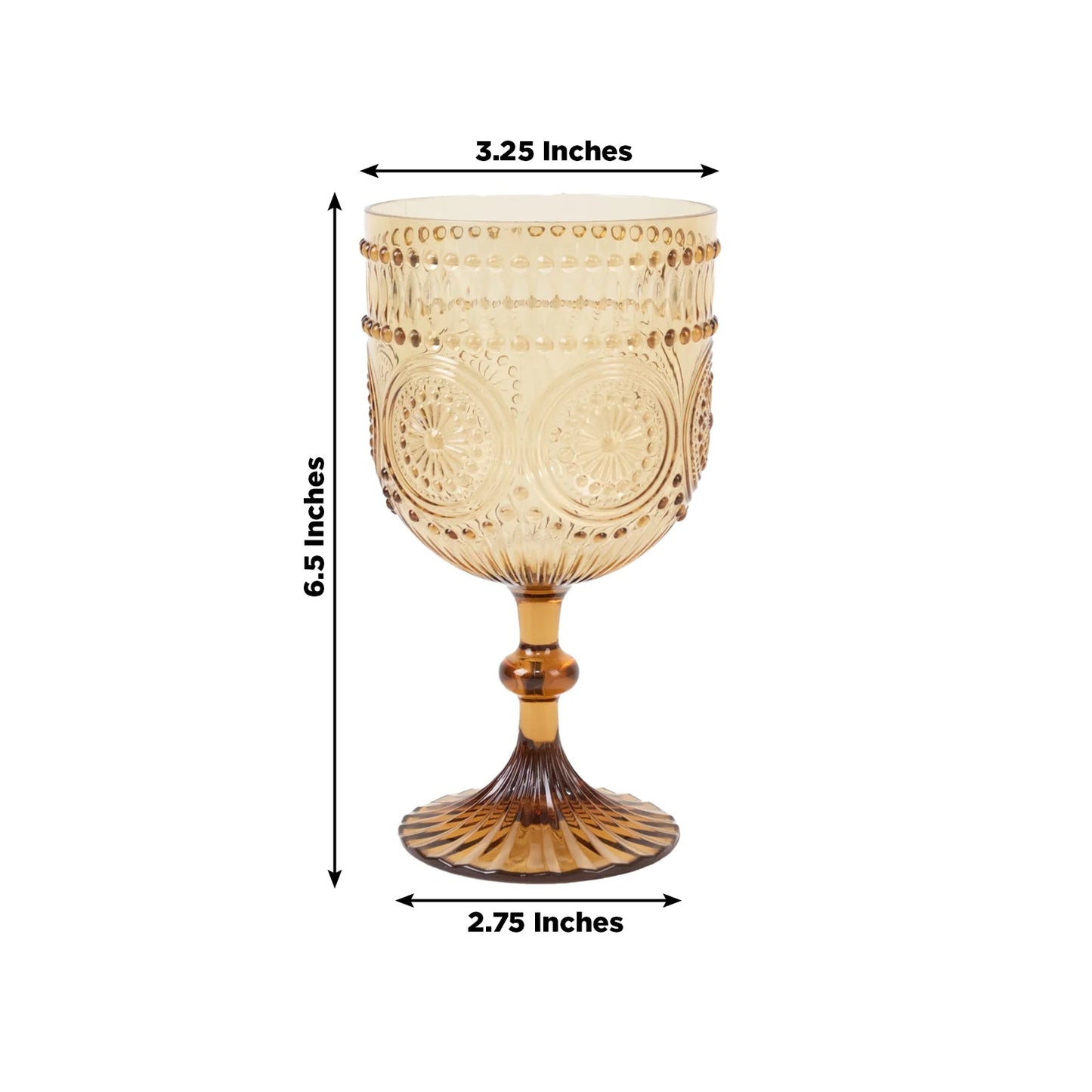 12 Pack Vintage Plastic Wine Goblets â€“ 15oz Reusable Shatterproof Amber Gold Embossed Floral Pattern Drinkware, Decorative Cups