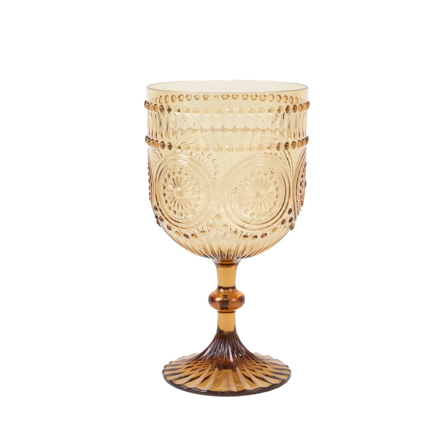 12 Pack Vintage Plastic Wine Goblets â€“ 15oz Reusable Shatterproof Amber Gold Embossed Floral Pattern Drinkware, Decorative Cups