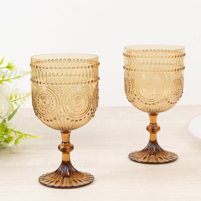 12 Pack Vintage Plastic Wine Goblets â€“ 15oz Reusable Shatterproof Amber Gold Embossed Floral Pattern Drinkware, Decorative Cups