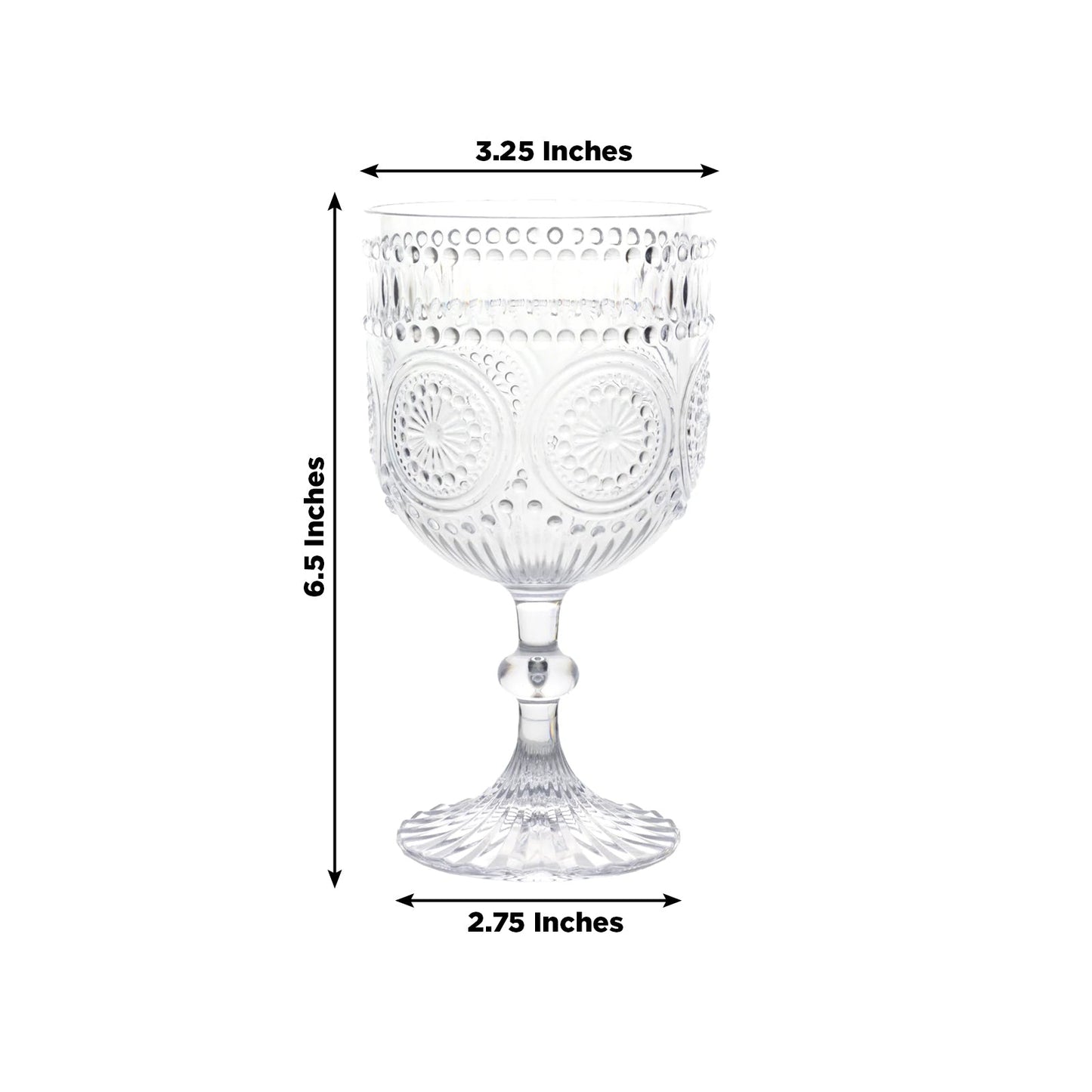 12 Pack Vintage Plastic Wine Goblets â€“ 15oz Reusable Shatterproof Clear Embossed Floral Pattern Drinkware, Decorative Cups