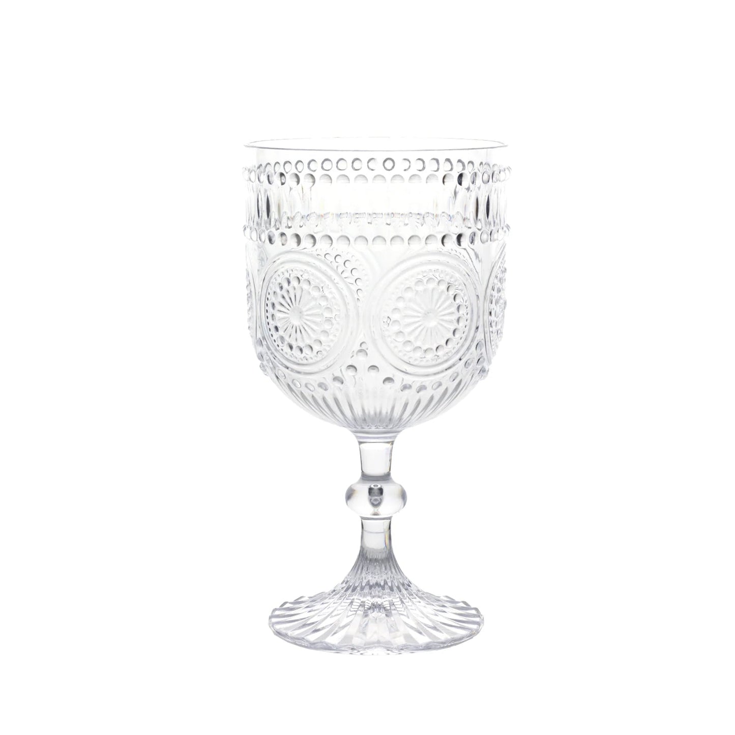 12 Pack Vintage Plastic Wine Goblets â€“ 15oz Reusable Shatterproof Clear Embossed Floral Pattern Drinkware, Decorative Cups