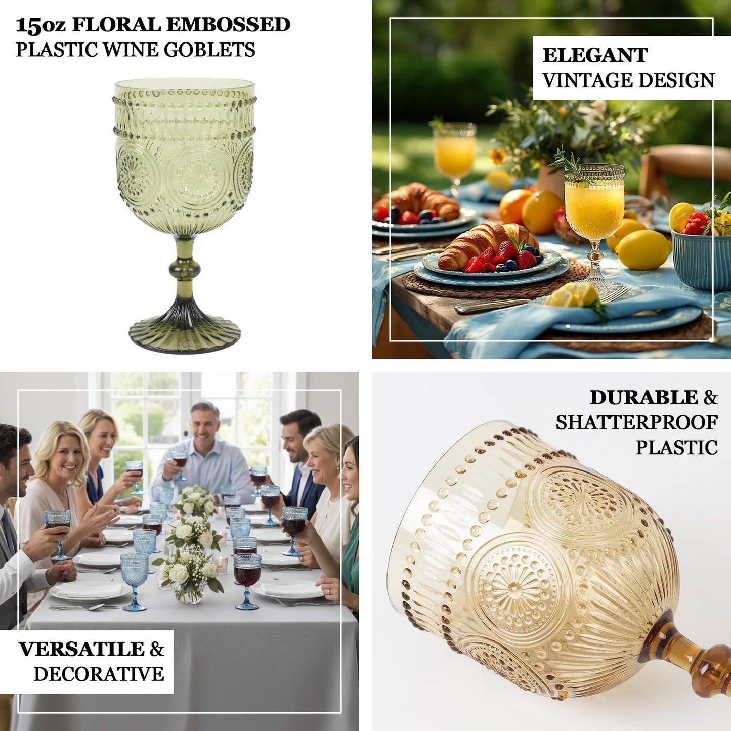 12 Pack Vintage Plastic Wine Goblets â€“ 15oz Reusable Shatterproof Amber Gold Embossed Floral Pattern Drinkware, Decorative Cups