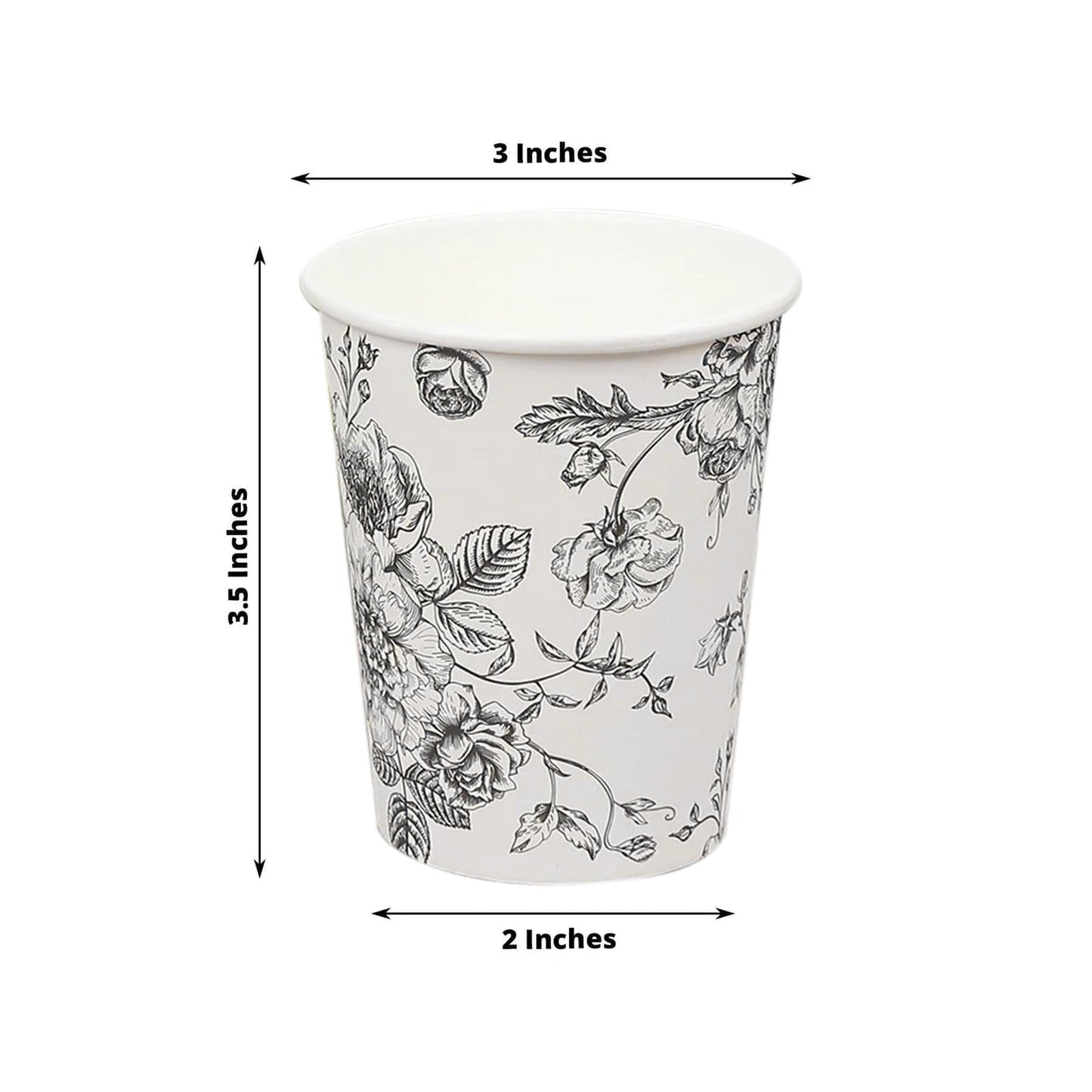 50-Pack Paper Cups in White with Black French Toile Print - Stylish Disposable Floral Party Cups for Weddings & All Purpose Use 9oz