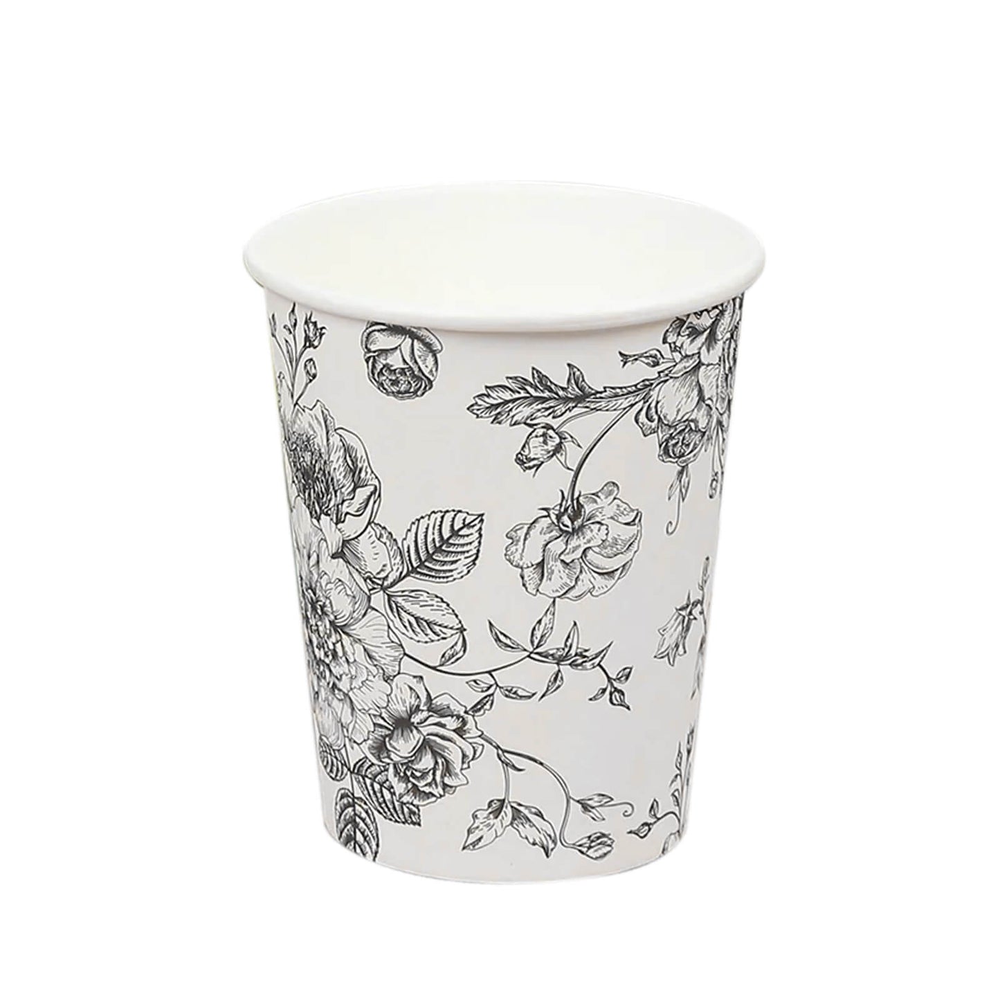 50-Pack Paper Cups in White with Black French Toile Print - Stylish Disposable Floral Party Cups for Weddings & All Purpose Use 9oz