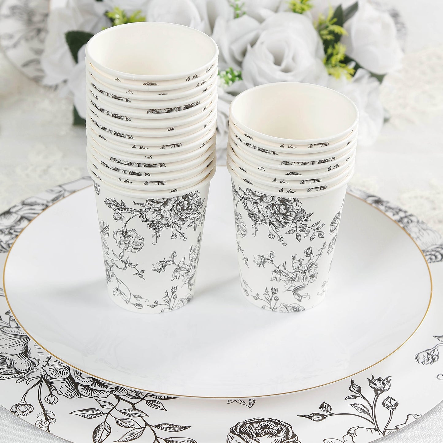 50-Pack Paper Cups in White with Black French Toile Print - Stylish Disposable Floral Party Cups for Weddings & All Purpose Use 9oz